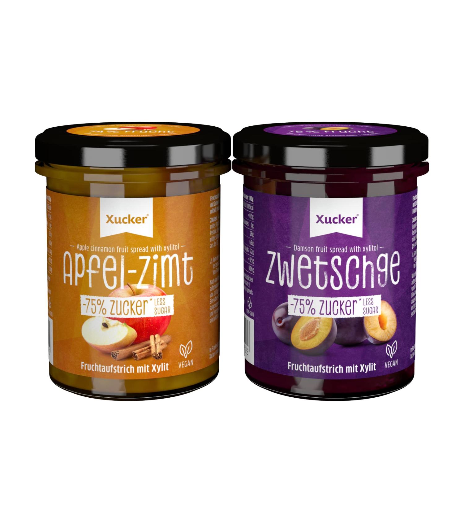 Xucker Fruit Spread Apple Cinnamon & Plum - Vegan Sugar-Reduced 74% Fruit Content | 2 x 220g - Buy Online on GoSupps.com