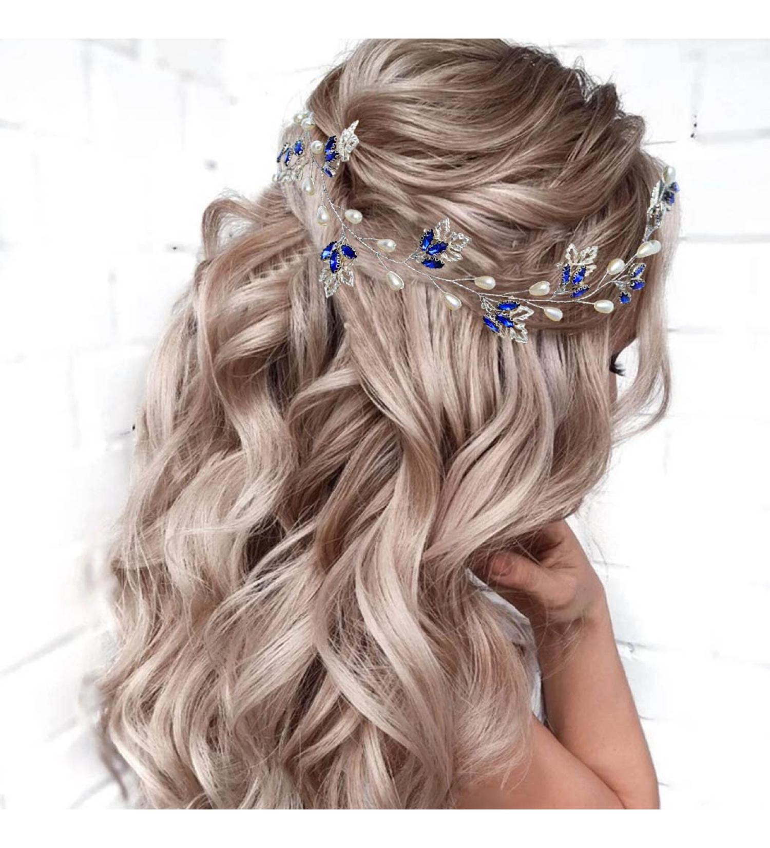 Flatser Blue Crystal Wedding Hair Vine - Silver Pearl Rhinestone Bridal Headpiece for Women - Buy Online on GoSupps.com