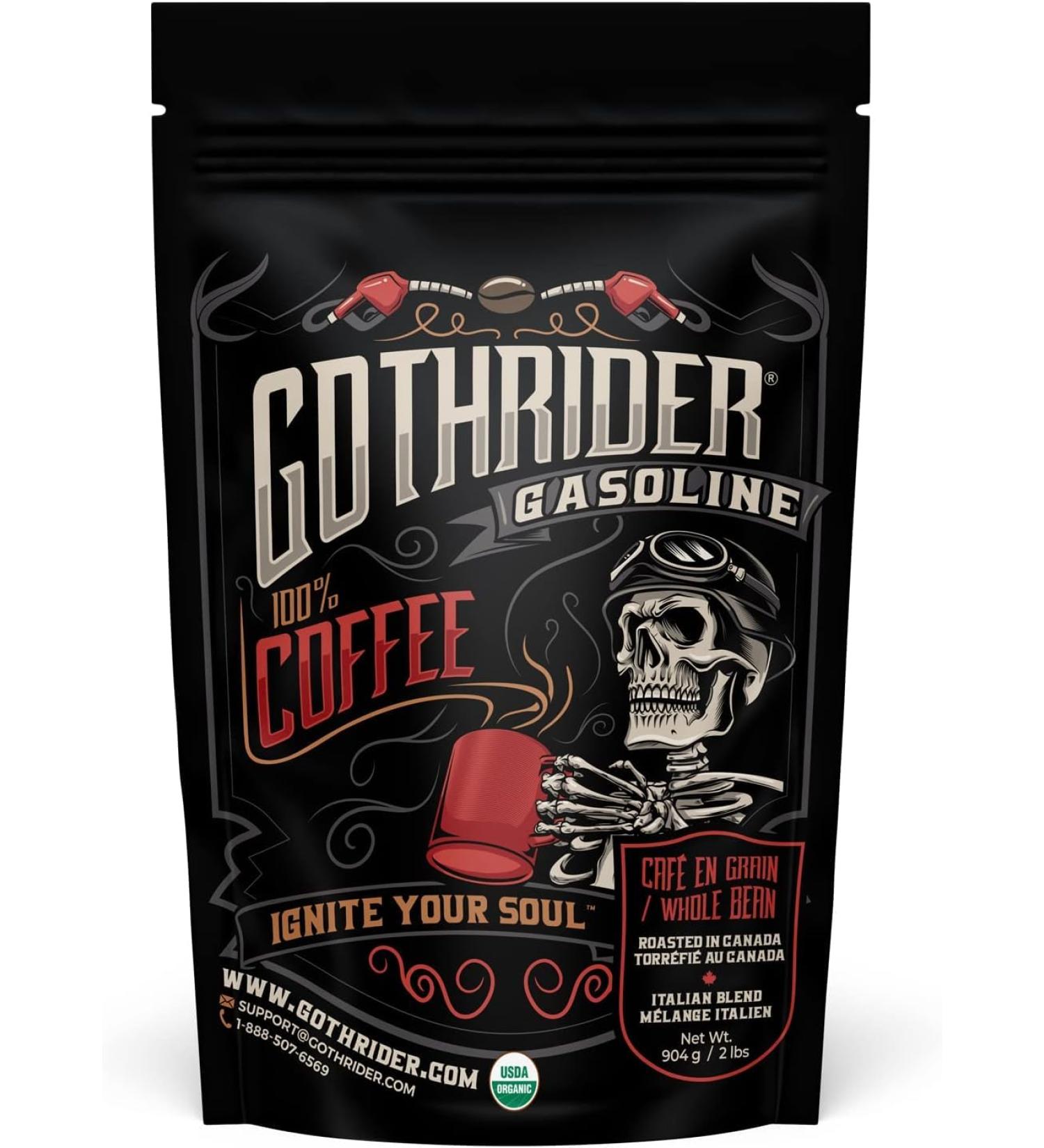 GothRider Gasoline Whole Bean Coffee (2lbs) - USDA FairTrade and COR Certified Organic Coffee Beans Slow-Roasted Rwandese Coffee Beans Italian Blend Medium Roast Whole Bean Coffee - Buy Online on GoSupps.com