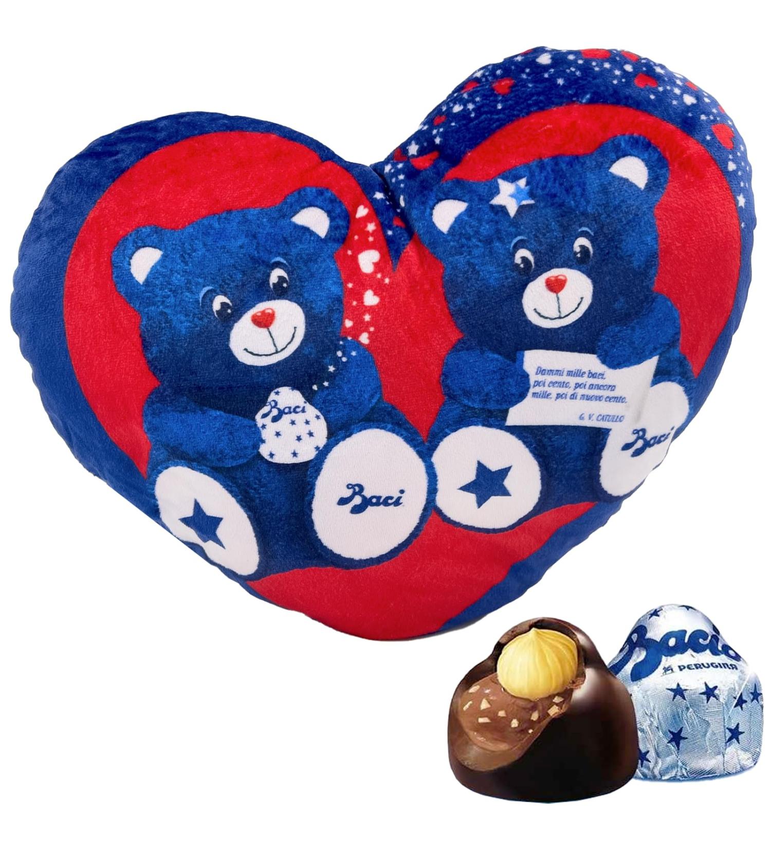 Baci Perugina Fondente Luisa Blue and Red Plush Bear Heart Cushion with Zipper 75g