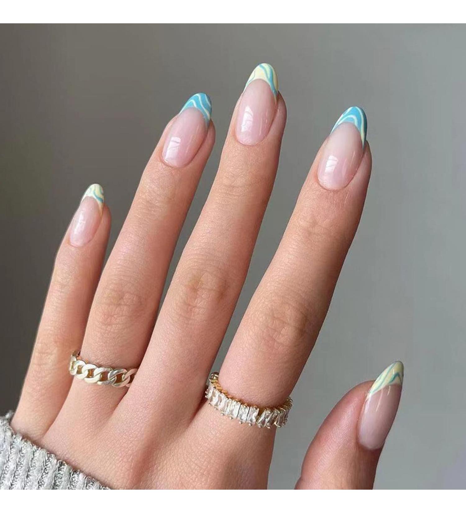 French False Nails Short 24Pcs Almond Fake Nails Light Teal Swirl Press on Nails - Nail Art Gradient Set - Buy Online on GoSupps.com