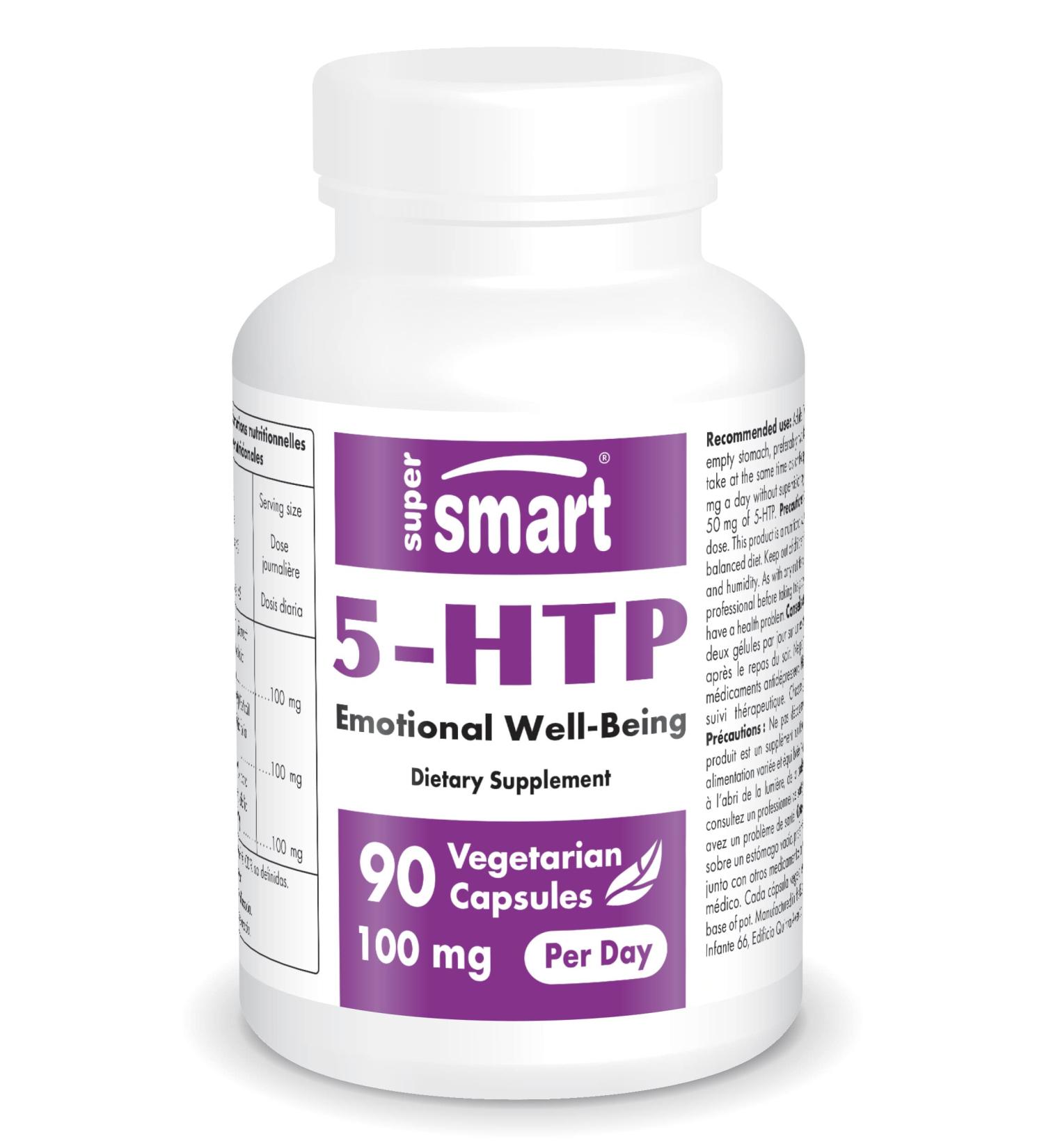 Supersmart 5-HTP 100mg - Natural Energy Pills Non-GMO & Gluten Free 90 Vegetarian Capsules for Enhanced Mood & Well-Being - Buy Online on GoSupps.com