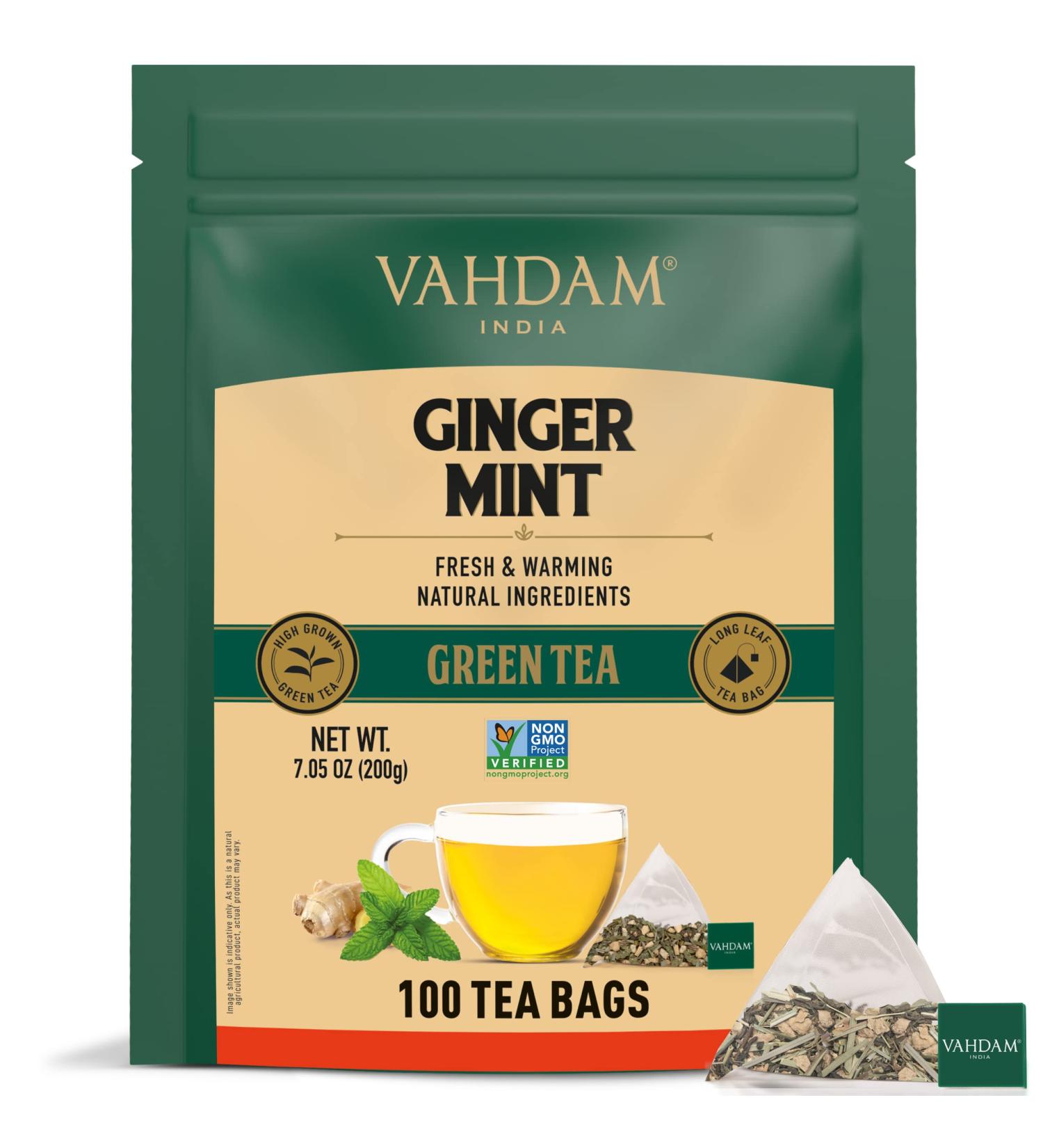 Premium Vahdam Ginger Mint Green Tea - 100 Loose Leaf Bags | Authentic Indian Tea | Hot & Cold Brew - Buy Online on GoSupps.com