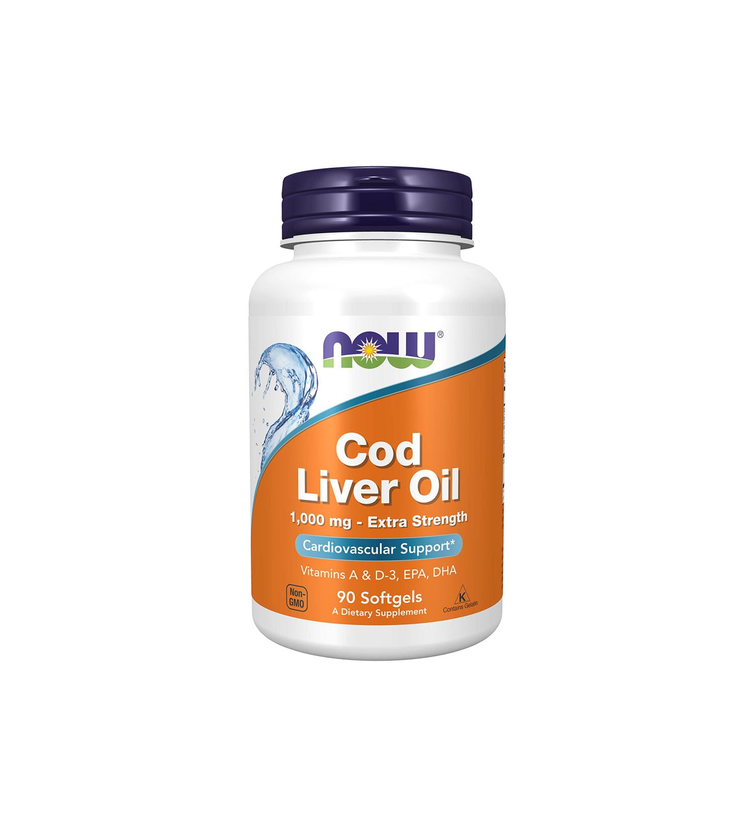 NOW Cod Liver Oil Extra Strength 1000mg with Vitamins A & D-3, EPA, DHA - 90 Softgels - Buy Online on GoSupps.com