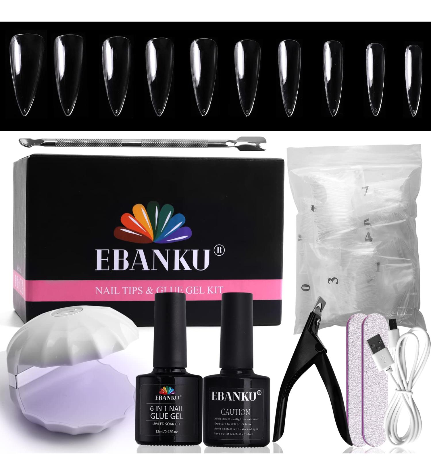 EBANKU 6-in-1 Nail Tips and Glue Gel Kit with 500Pcs Long Coffin Fake Nails - UV LED Nail Lamp, Acrylic Nail Kit for Fast DIY Manicure - Buy Online on GoSupps.com