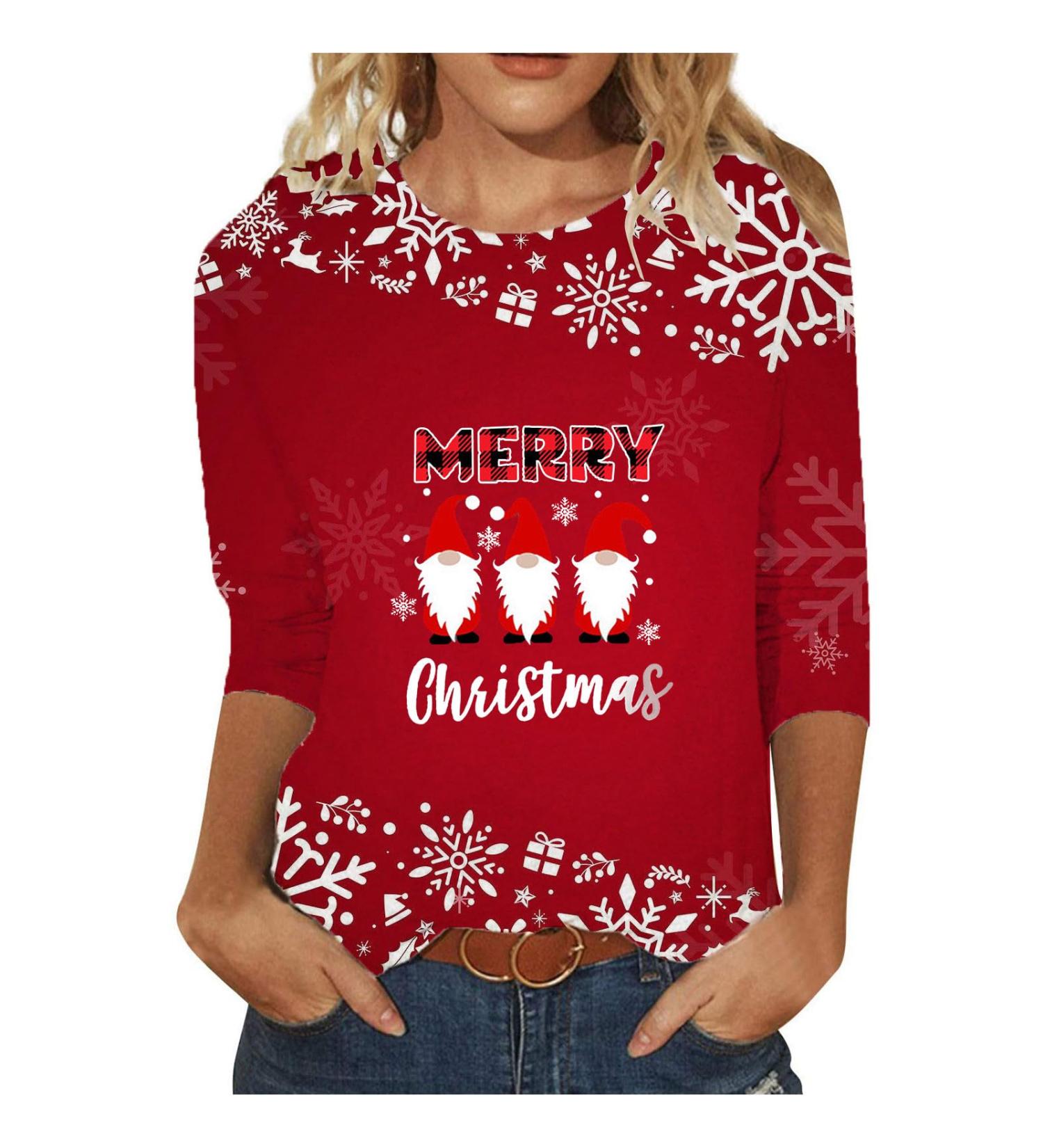Yihaojia Merry Christmas Shirts for Women 3/4 Sleeve Crewneck Red Tee Shirt Funny Christmas Leopard Plaid T-Shirts Holiday Red#110 Large - Buy Online on GoSupps.com
