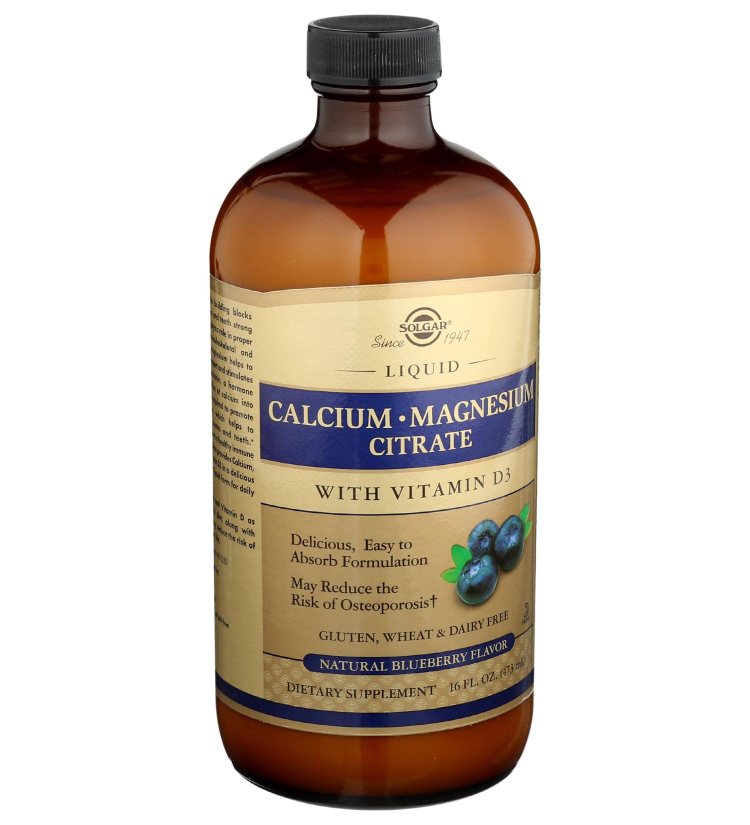 Solgar Liquid Calcium Magnesium Citrate with Vitamin D3 - Natural Blueberry, 16 fl oz - Buy Online on GoSupps.com