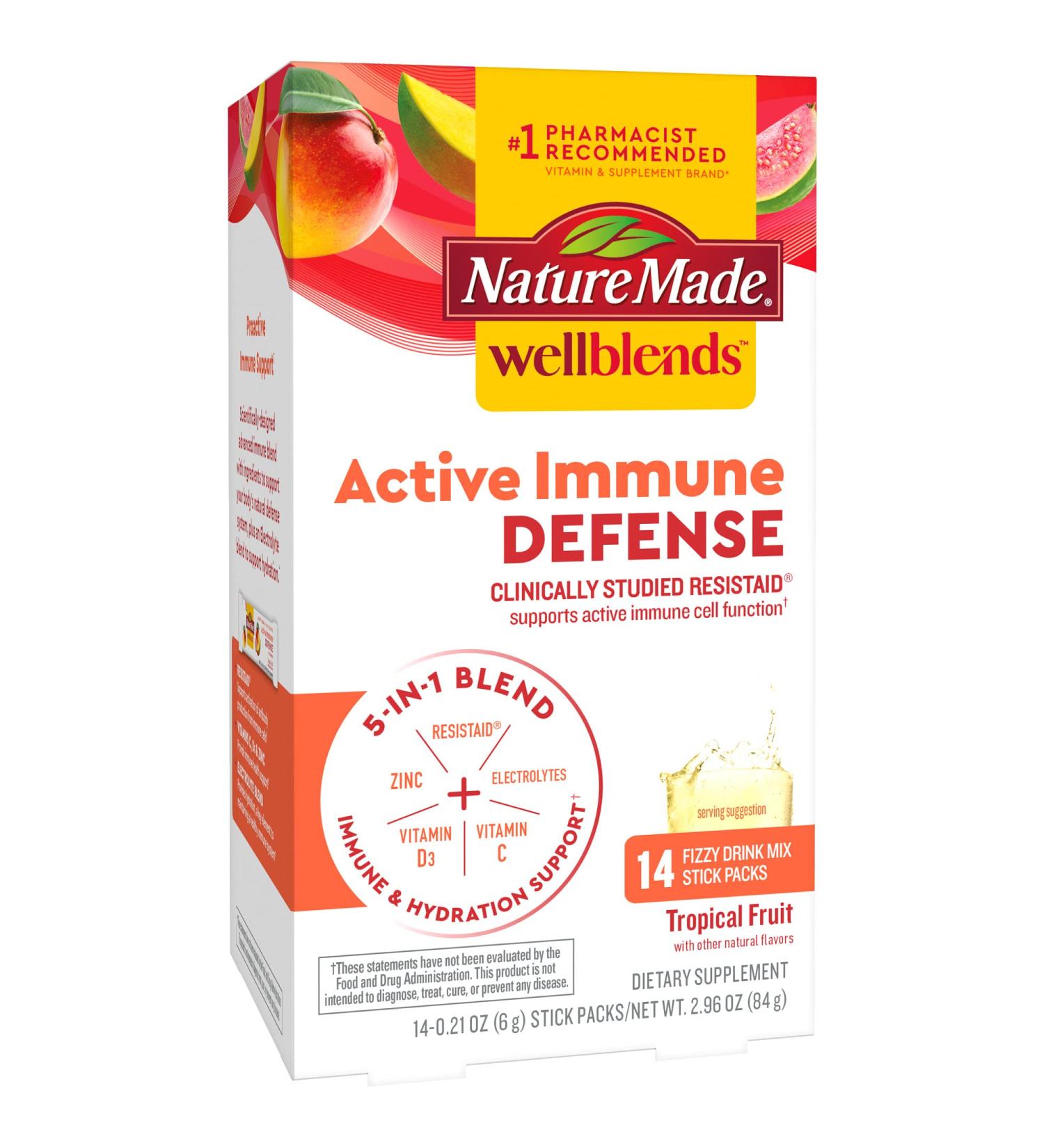 Nature Made Wellblends Active Immune Defense Fizzy Drink Mix - ResistAid, Vitamin C 500mg, Vitamin D 1000 IU, Zinc, Electrolytes Powder - 14 Stick Packs - Buy Online on GoSupps.com