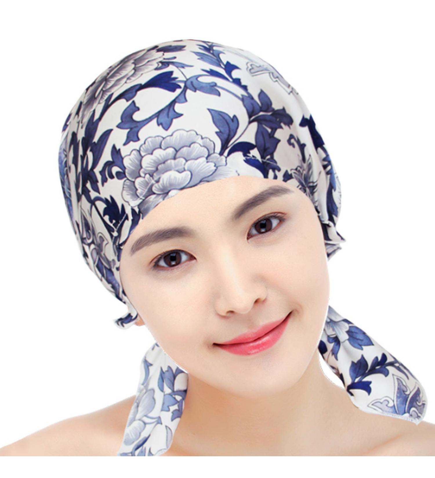 100% Mulberry Silk Sleep Cap for Women | Adjustable Bonnet Cover for Hair, Chemo, Beauty | Blue Flowers | One Size - Buy Online on GoSupps.com