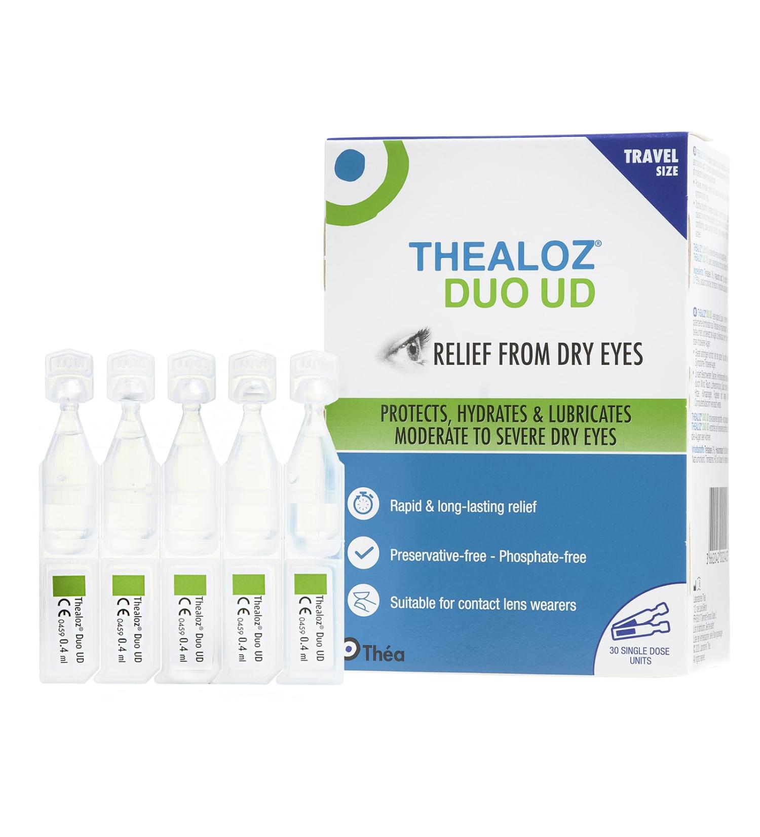 Thealoz Duo Unidose Eye Drops Travel Size | Rapid Relief for Dry Tired Eyes | Preservative-Free Formula | Contact Lens Friendly | 30 x 0.4ml Units - Buy Online on GoSupps.com