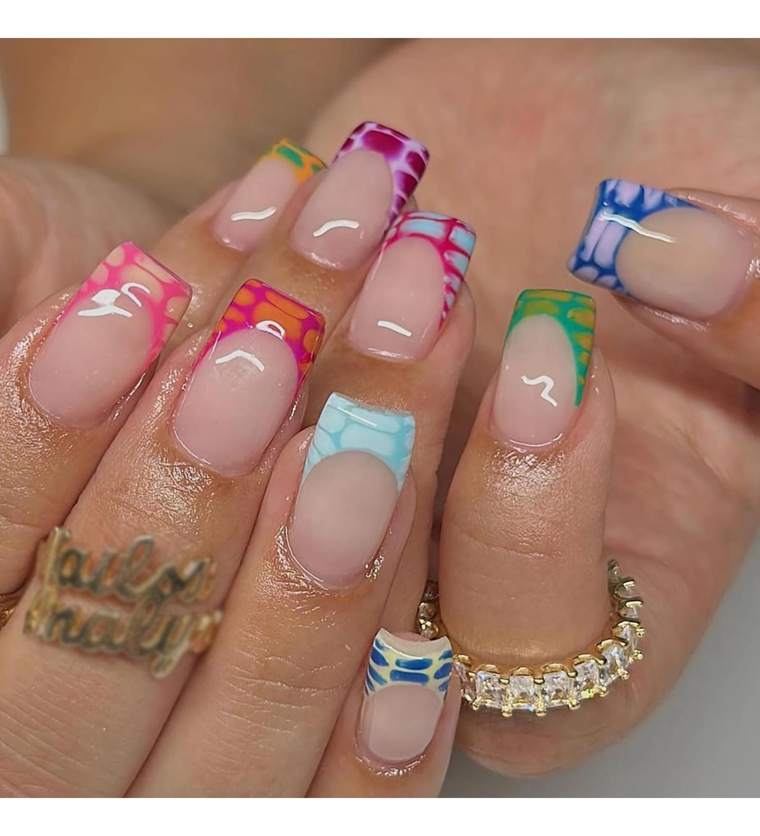 Shop MISUD Colorful French Tip Press On Nails - Short Square Acrylic Nails | 24 Pcs Glossy Summer Squoval Design - Buy Online on GoSupps.com