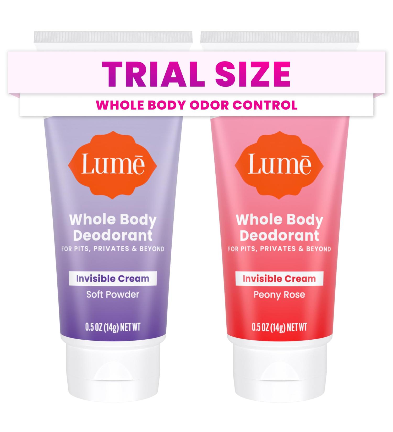 Lume Whole Body Deodorant - Mini Travel Size Invisible Cream Tube - Trial Size - 72 Hour Odor Control - Doctor Developed - Aluminum Free Baking Soda Free - .5oz (2 Pack) (Soft Powder & Peony Rose) - Buy Online on GoSupps.com
