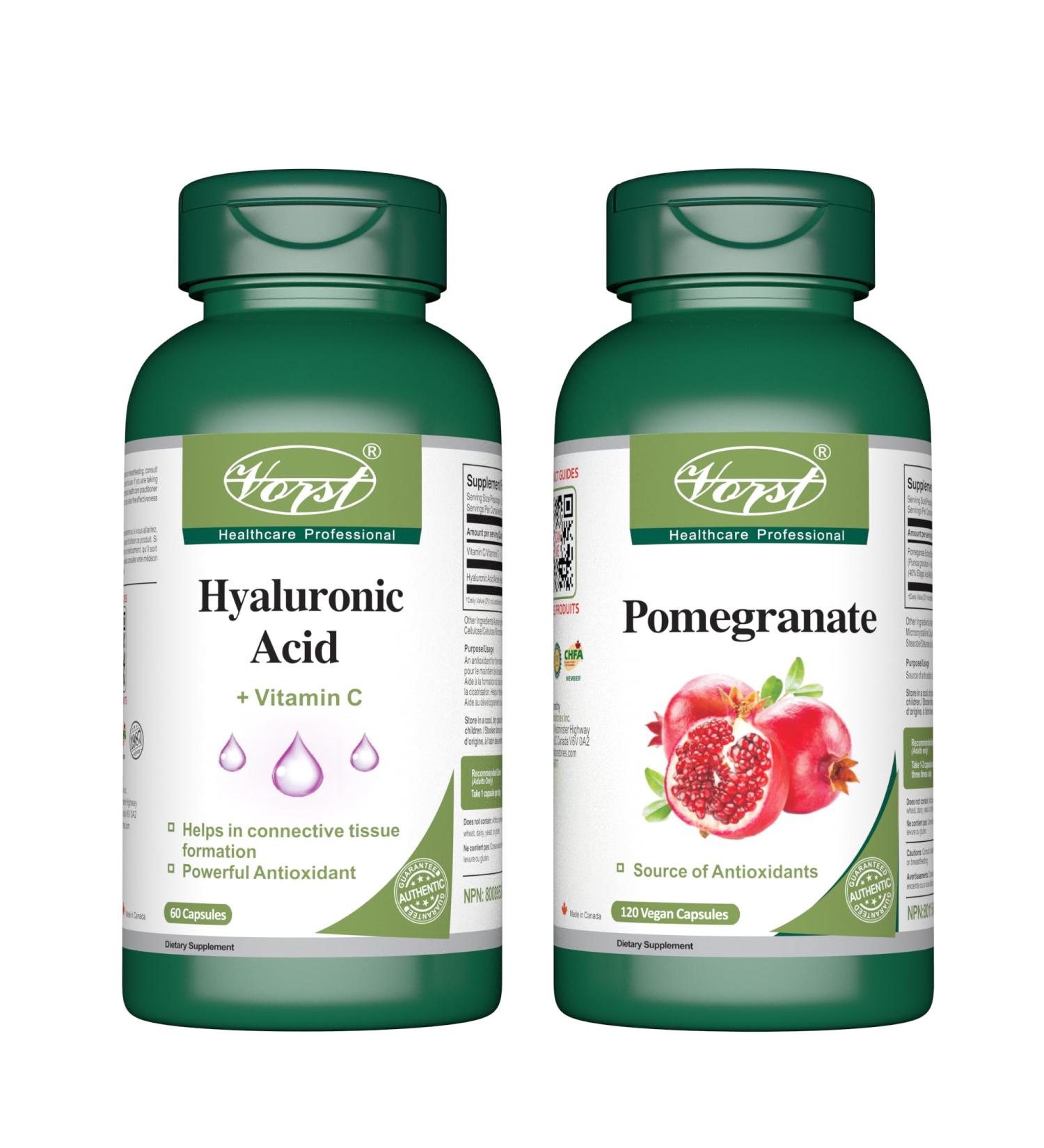 VORST Hyaluronic Acid with Vitamin C 60 Capsules & Pomegranate Extract 120 Vegan Capsules (Combo Bundles 2 Bottles)