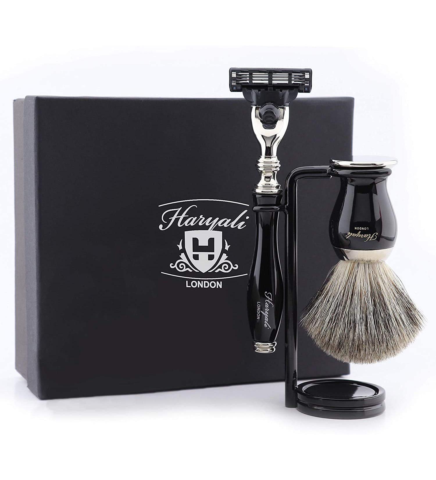 Haryali London Black Men's Shaving Set - 3 Edge Razor Brush & Stand | Perfect International Shaving Kit - Buy Online on GoSupps.com