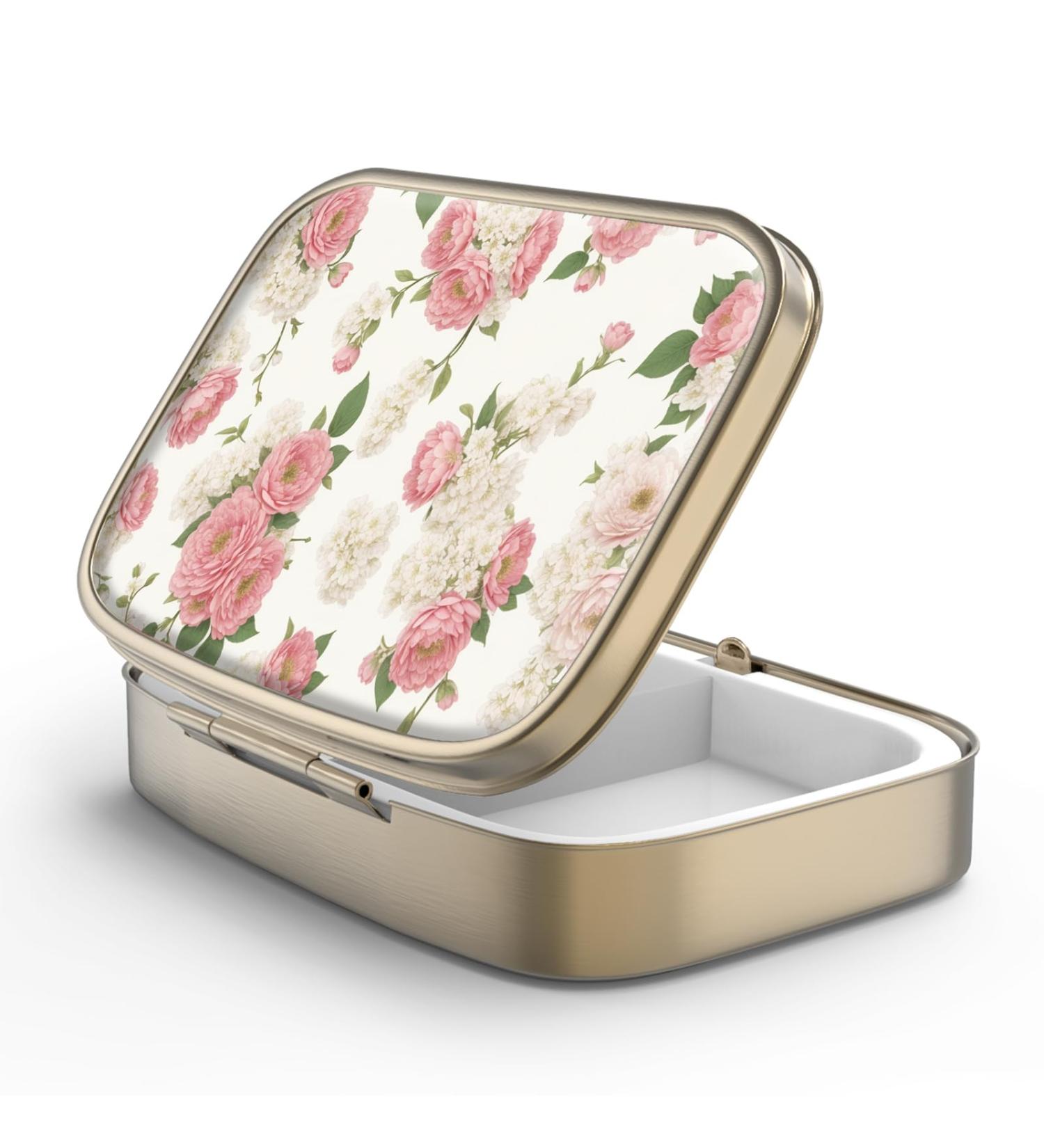 Retro Pink Floral Pill Box with Mirror - 2 Compartment Small Bronze Rectangular Container for Vitamins Fish Oil & Dietary Supplements - Buy Online on GoSupps.com
