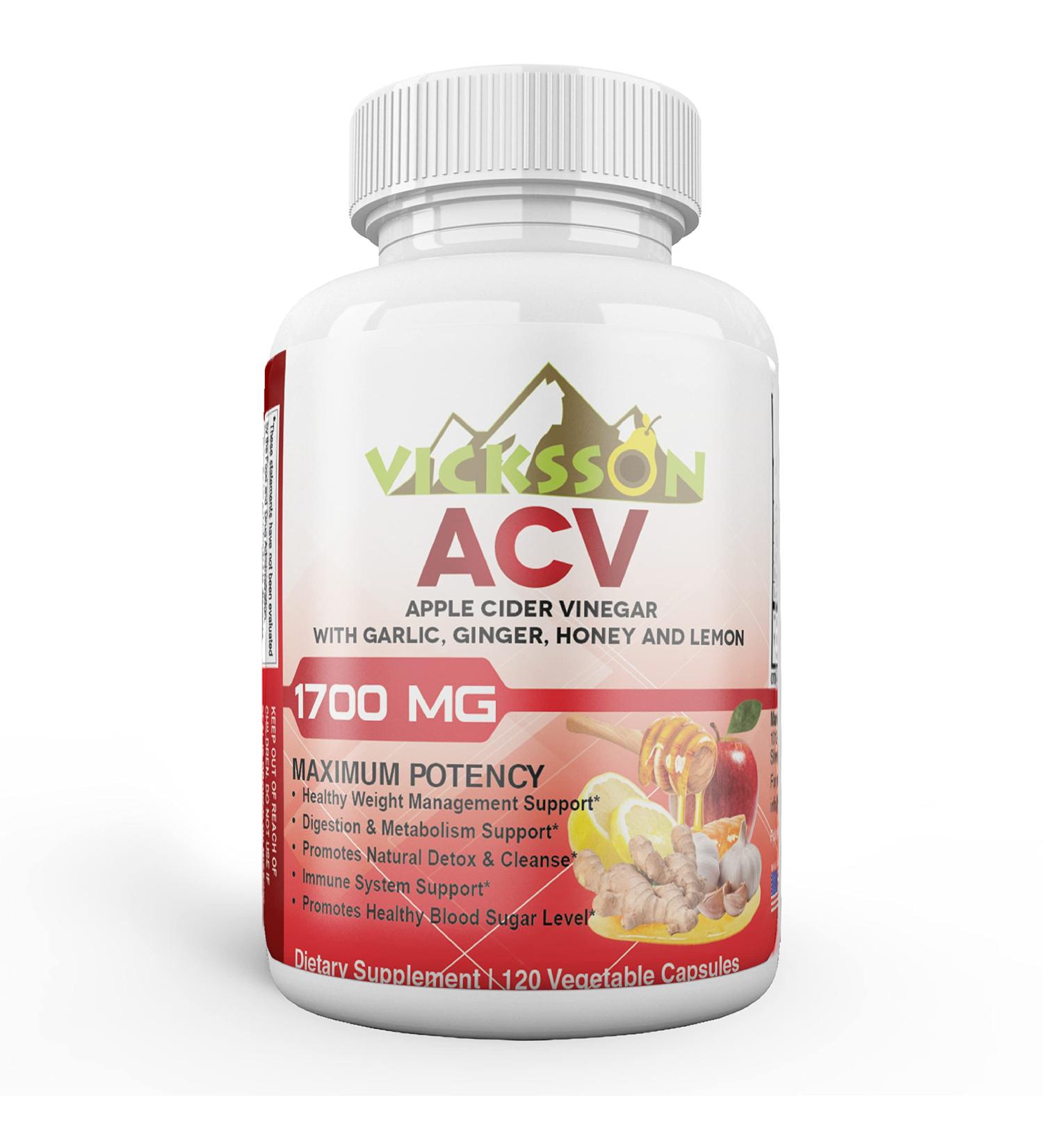 Vicksson Apple Cider Vinegar Pills 1700mg with Garlic, Ginger, Lemon & Honey | 120 Capsules for Weight Detox, Blood Sugar & Immune Support - Buy Online on GoSupps.com
