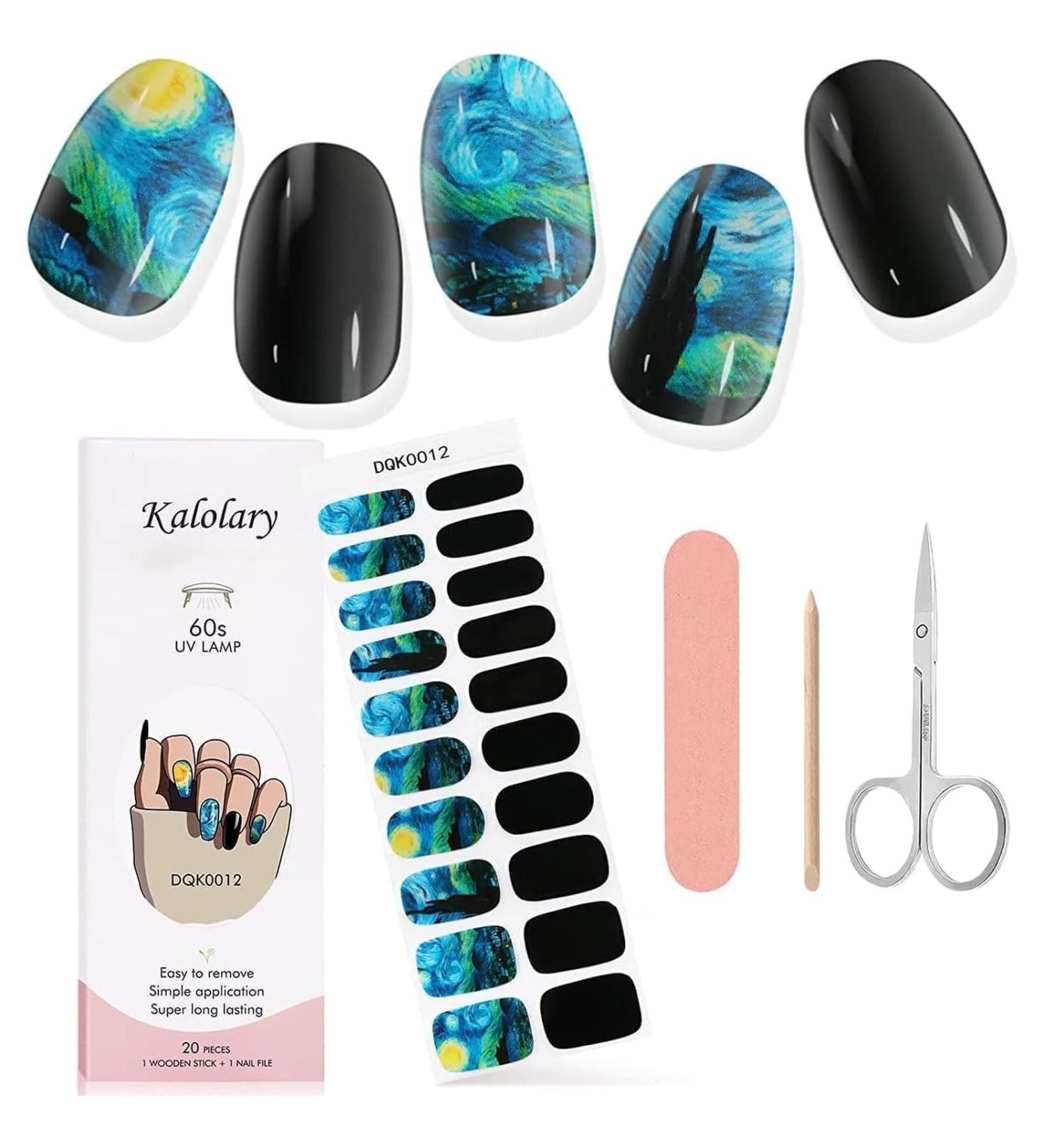 Kalolary Gel Nail Polish Strips Nail Gel Art Sticker Waterproof Full Nail Wraps Decal Sets with Scissors Nail File and Stick for Women Girls Nail Art Decor (UV/LED Lamp Required)-12 - Buy Online on GoSupps.com
