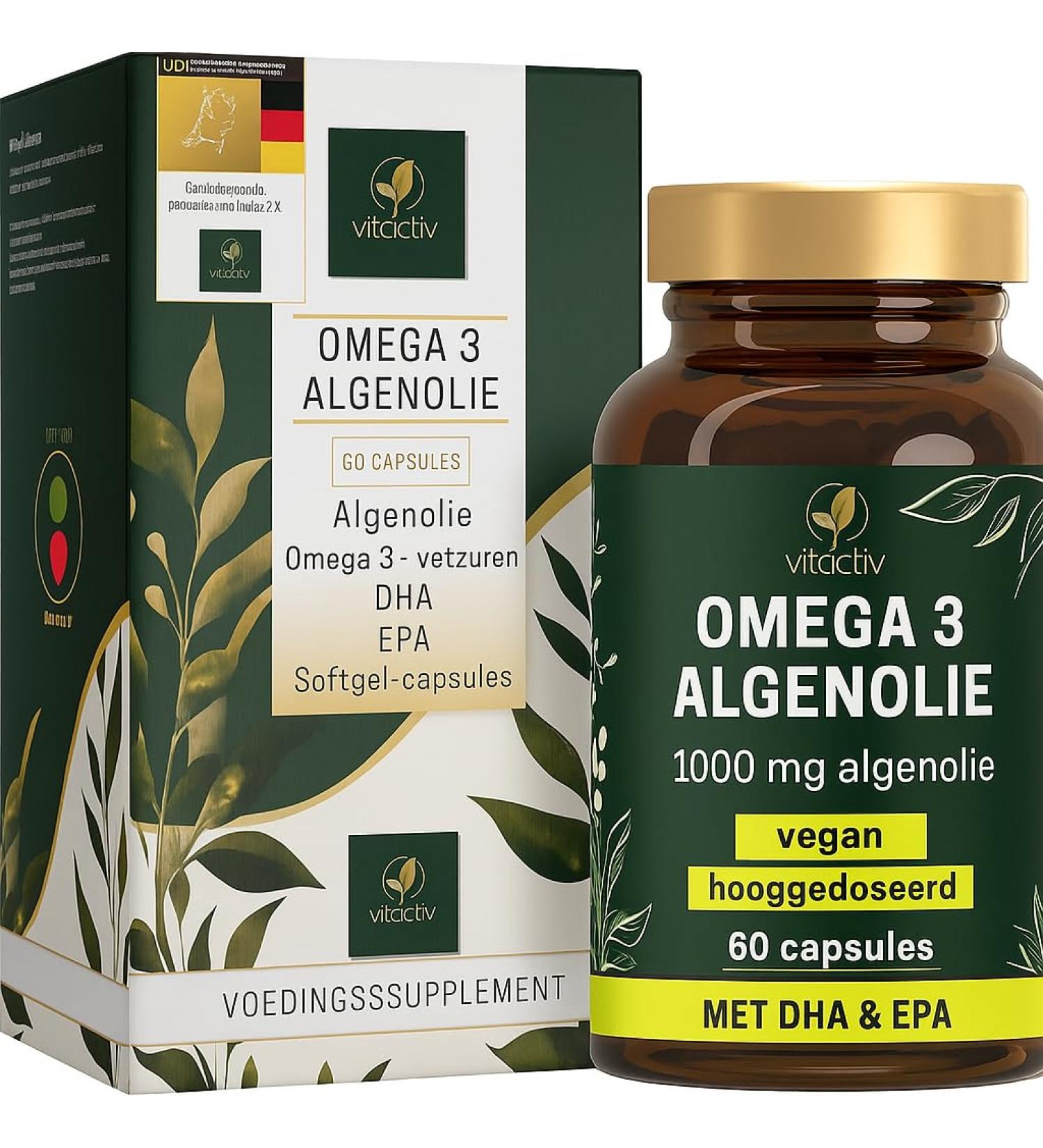 Vitactiv Natural Nutrition VITACTIV Omega 3 pack of 60 capsules of algae oil Omega 3 Vegan Marine Highly dosed with 1000 mg microalgae oil per daily dose 450 mg omega3 fatty acids DHA & EPA - Buy Online on GoSupps.com