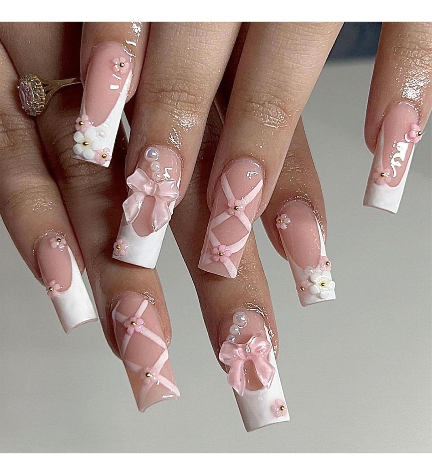 White French Tip Press on Nails - Medium Long Acrylic Fake Nails with 3D Bow Pearls & Flower Charms - Full Cover Glossy Stick on Nails for Women | 24 Pcs - Buy Online on GoSupps.com
