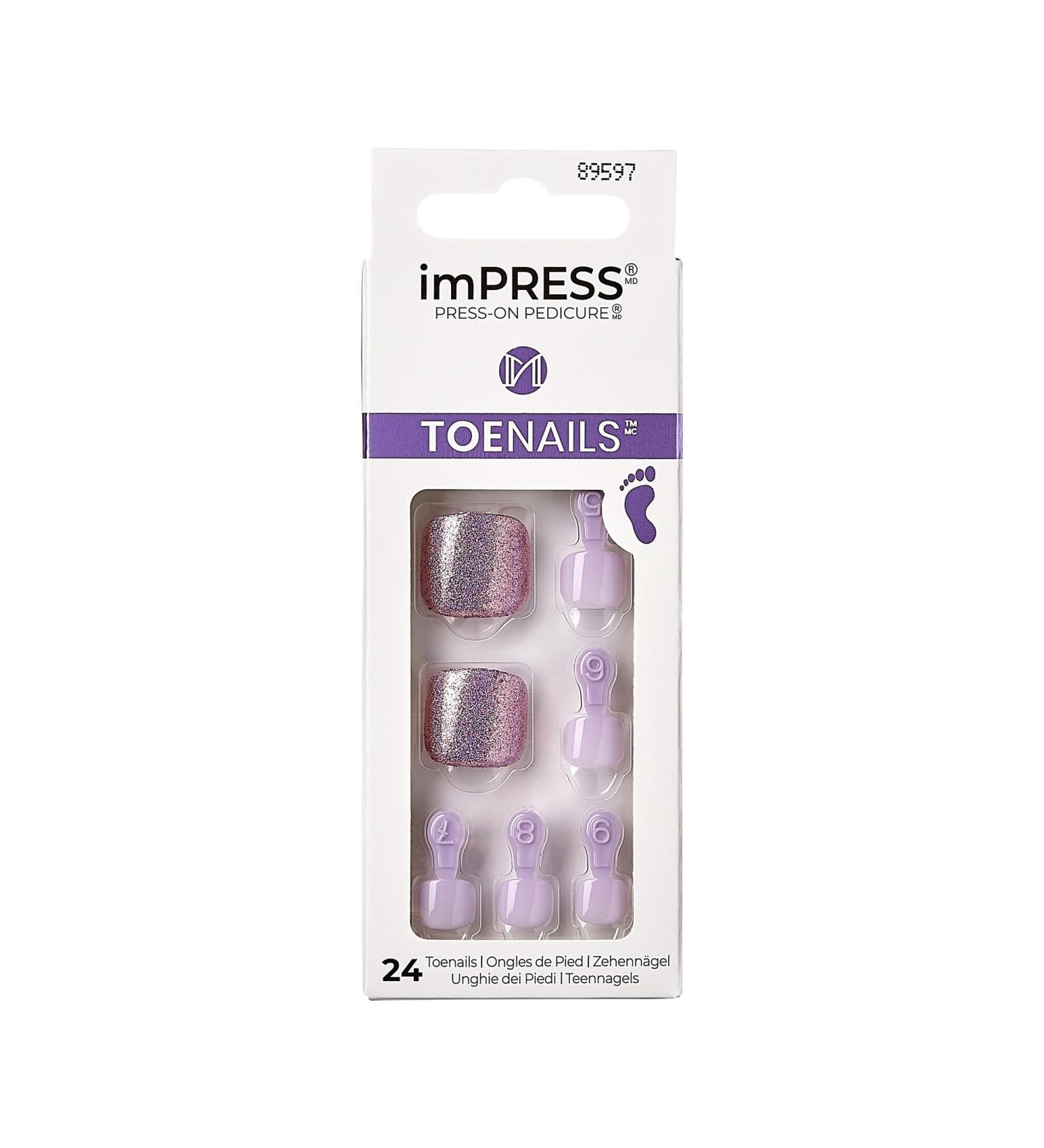 KISS imPRESS No Glue Pedi Press-On Toenails - Light Purple Lilac Glitter Squoval Shape | 24 Nails + Accessories - Buy Online on GoSupps.com
