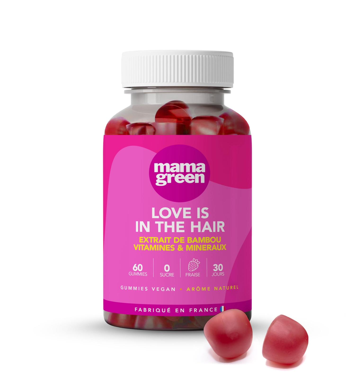 Mama Green - Gummies Love is in the hair - Favorise la pousse des cheveux - Force et brillance - 60 gummies - Sans sucres Sans colorants et ar mes artificiels - Fabriqu en France - Buy Online on GoSupps.com