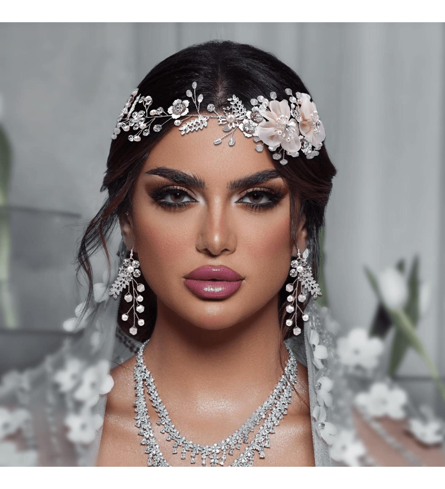 ULAPAN Wedding Headbands Flowers Girls Bridal Headpieces - Silver Crystal Hair Accessories Set with Earrings for Women - Buy Online on GoSupps.com