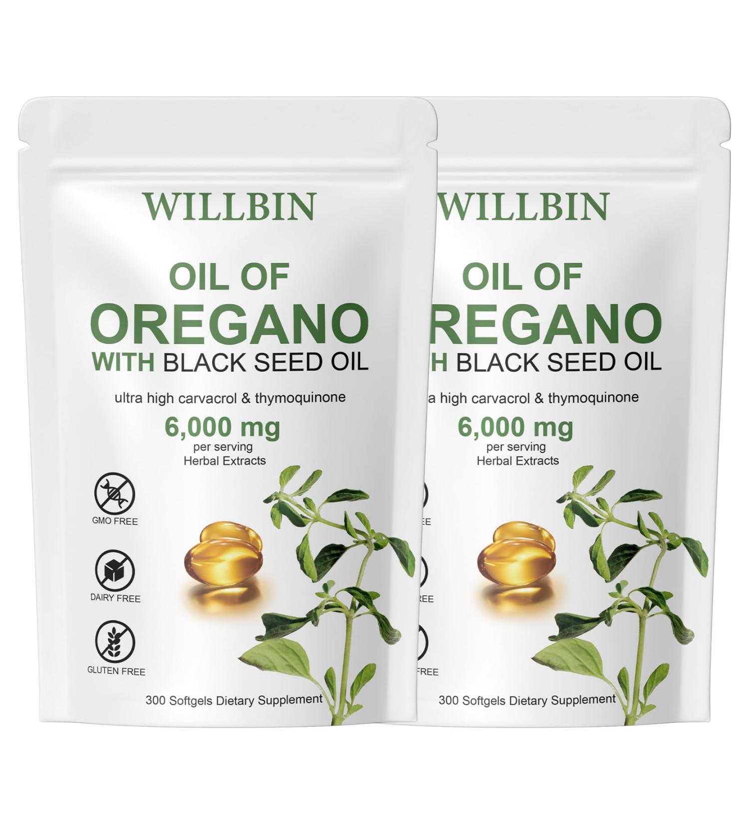 Willbin 2 in 1 6000mg Oil of Oregano with Black Seed Oil 200mg Softgels Extra Strength Oil of Oregano Supplement Non-GMO Dairy Free Gluten Free Organic Oregano Oil 300 Softgels (2)
