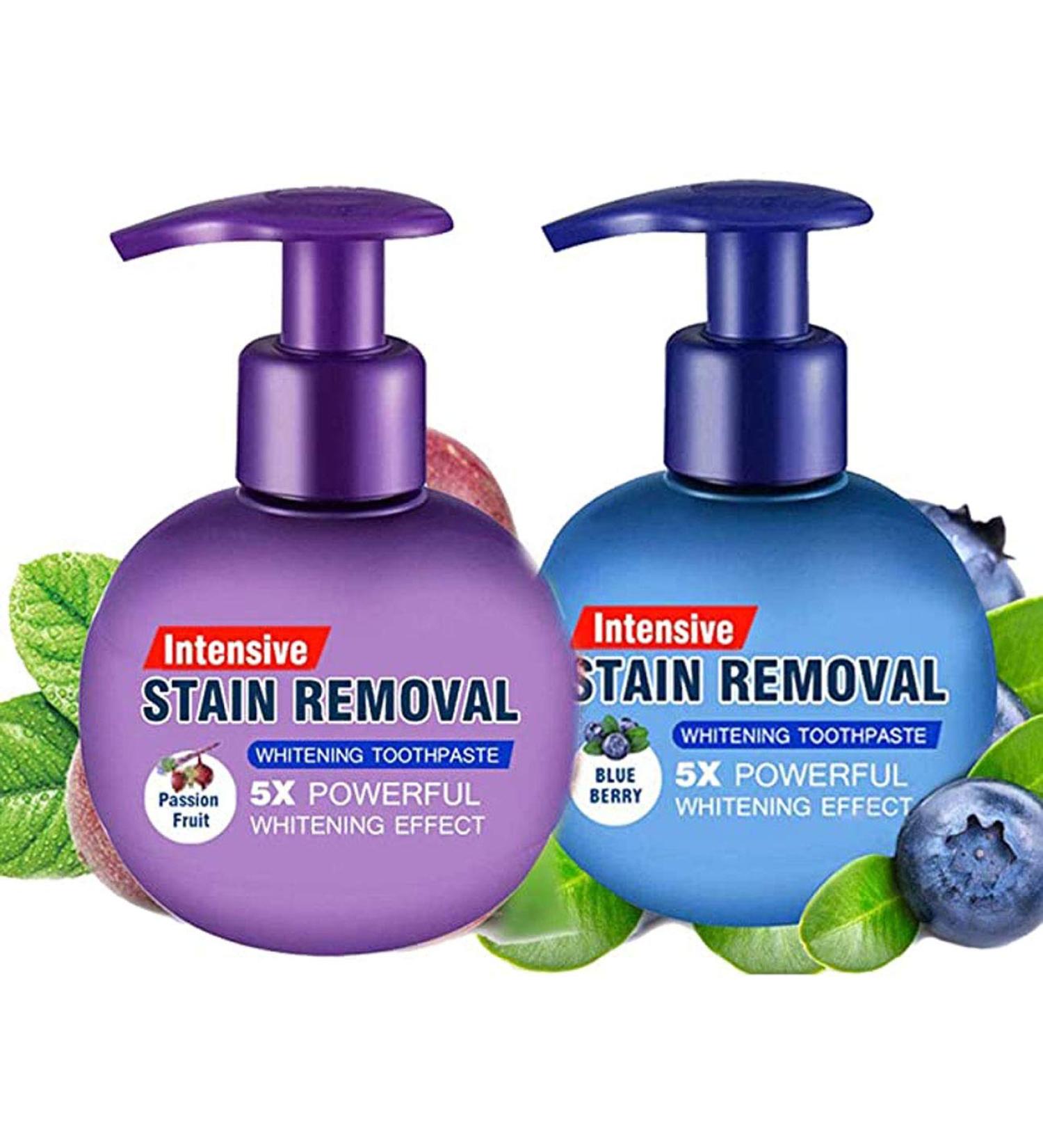 Intensive Stain Removal Whitening Toothpaste Bundle - Fresh Breath Oral Care with Baking Soda - Fight Bleeding Gums - Natural Gel Toothpaste - 2 Pack (Passion Fruit+Blueberry) - Buy Online on GoSupps.com