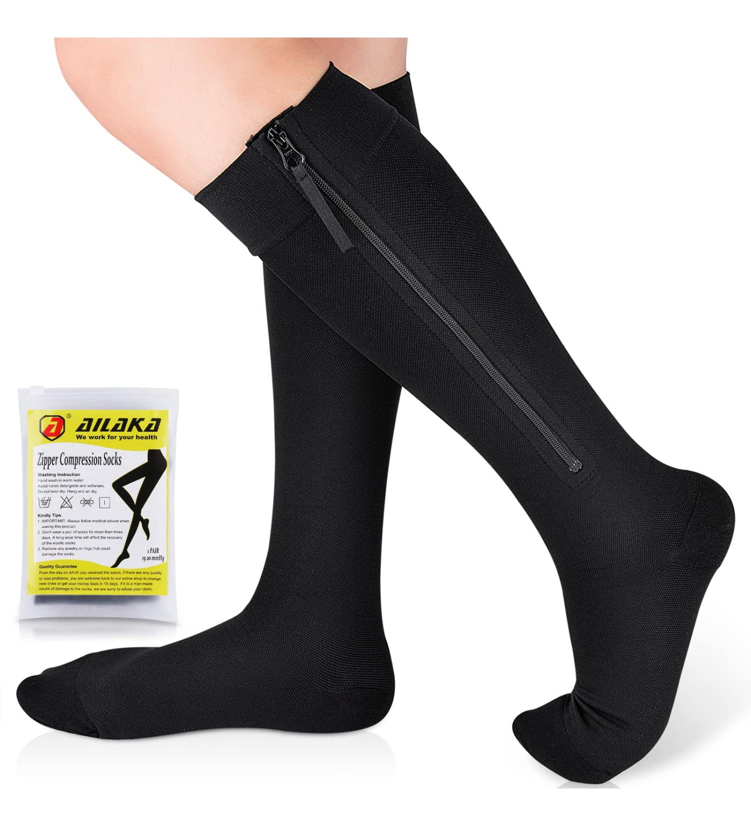 Ailaka Zipper Compression Socks 15-20mmHg Knee High Support for Men Women - Black (1 Pair) - Buy Online on GoSupps.com