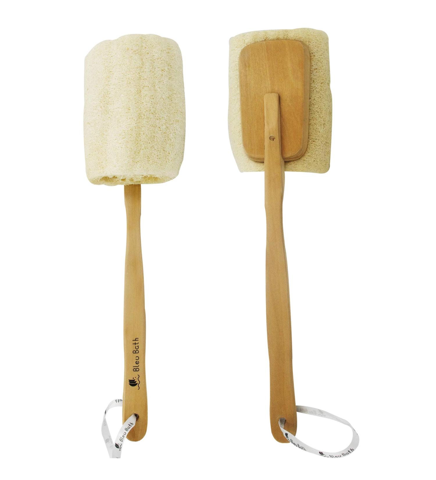 Bleu Bath 2 Pack Exfoliating Loofah Back Brush - 100% Natural Organic Luffa, Long Wooden Handle, for Men, Women, Sensitive Skin - Buy Online on GoSupps.com