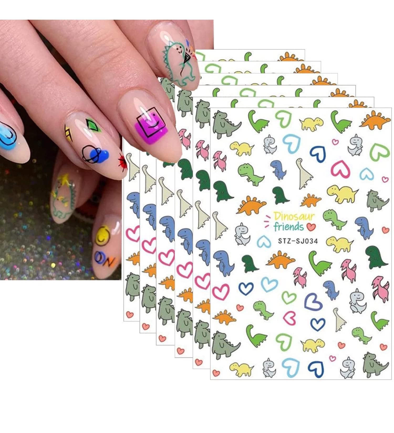 Cute Dinosaur Nail Stickers - 6 Sheets 3D Cartoon Self-Adhesive Nail Decals for Women and Girls - Cute Little Dinosaur Design Nail Sliders for Manicure Decoration - Buy Online on GoSupps.com