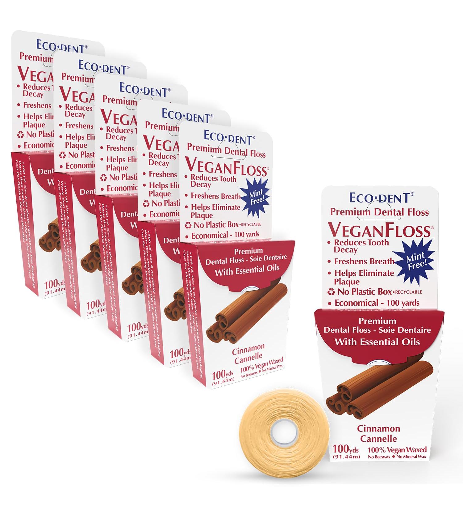 Eco-Dent VeganFloss Dental Floss - Waxed Cinnamon Plant-Based 100 Yds Eco-Friendly Packaging Pack of 6 - Ideal for Sustainable Oral Care - Buy Online on GoSupps.com
