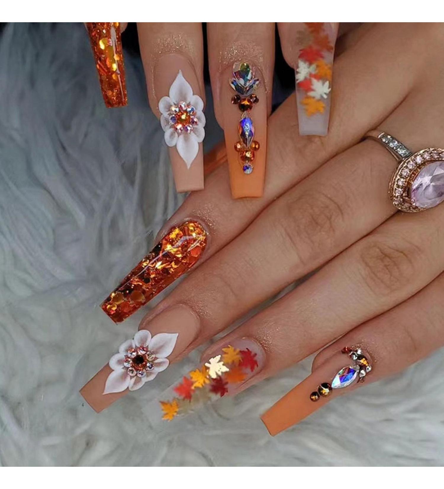 Coffin Press on Nails - Long Orange Glitter Acrylic Nails with Maple Leaves & Diamond Charms | 24Pcs Fall False Nails for Women - Buy Online on GoSupps.com