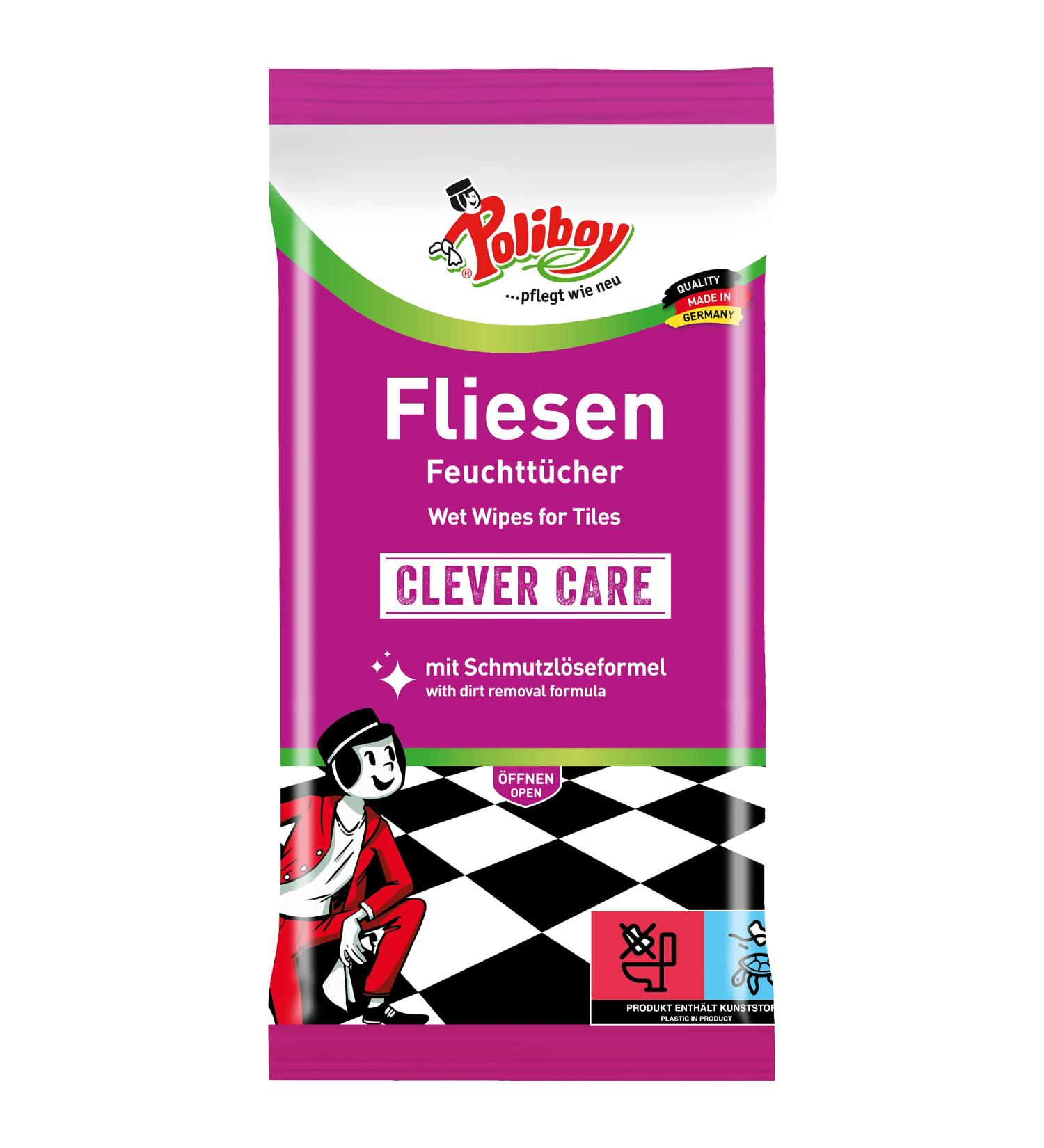 Poliboy - Tile wet wipes - Ideal for intensive cleaning for tiles and stone floors - individually - 1x15 towels - made in Germany tiles 15 pieces (1 Pack)