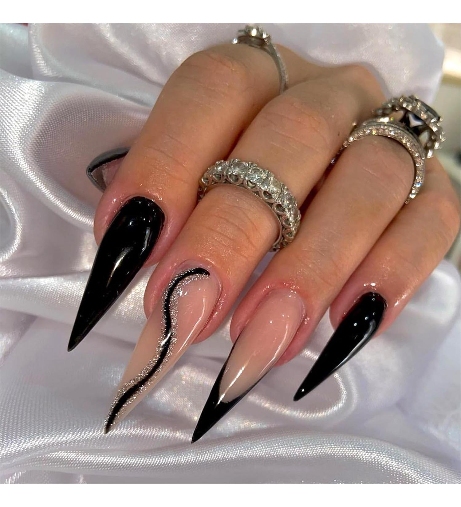Extra Long Black French Tip Stiletto Press-On Nails | Glitter Wavy Lines | Reusable Acrylic Fake Nails for DIY Manicure - Buy Online on GoSupps.com
