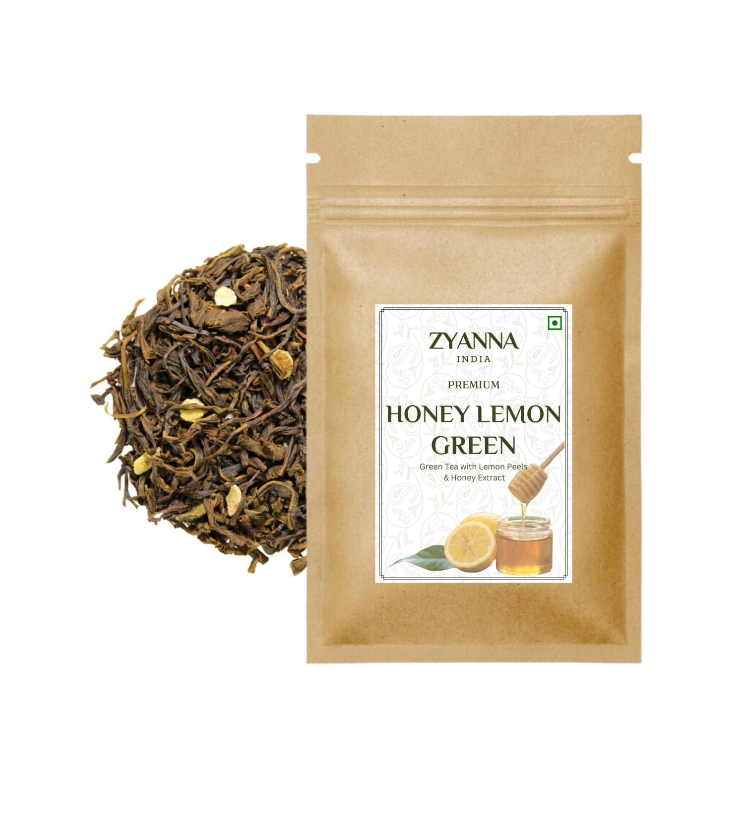 ZYANNA Honey Lemon Green Tea - Premium Indian Loose Leaf Green Tea (3.53oz) | 100% Natural Refreshing Blend with Honey Extract & Lemon Peels | 50 Cups - Buy Online on GoSupps.com