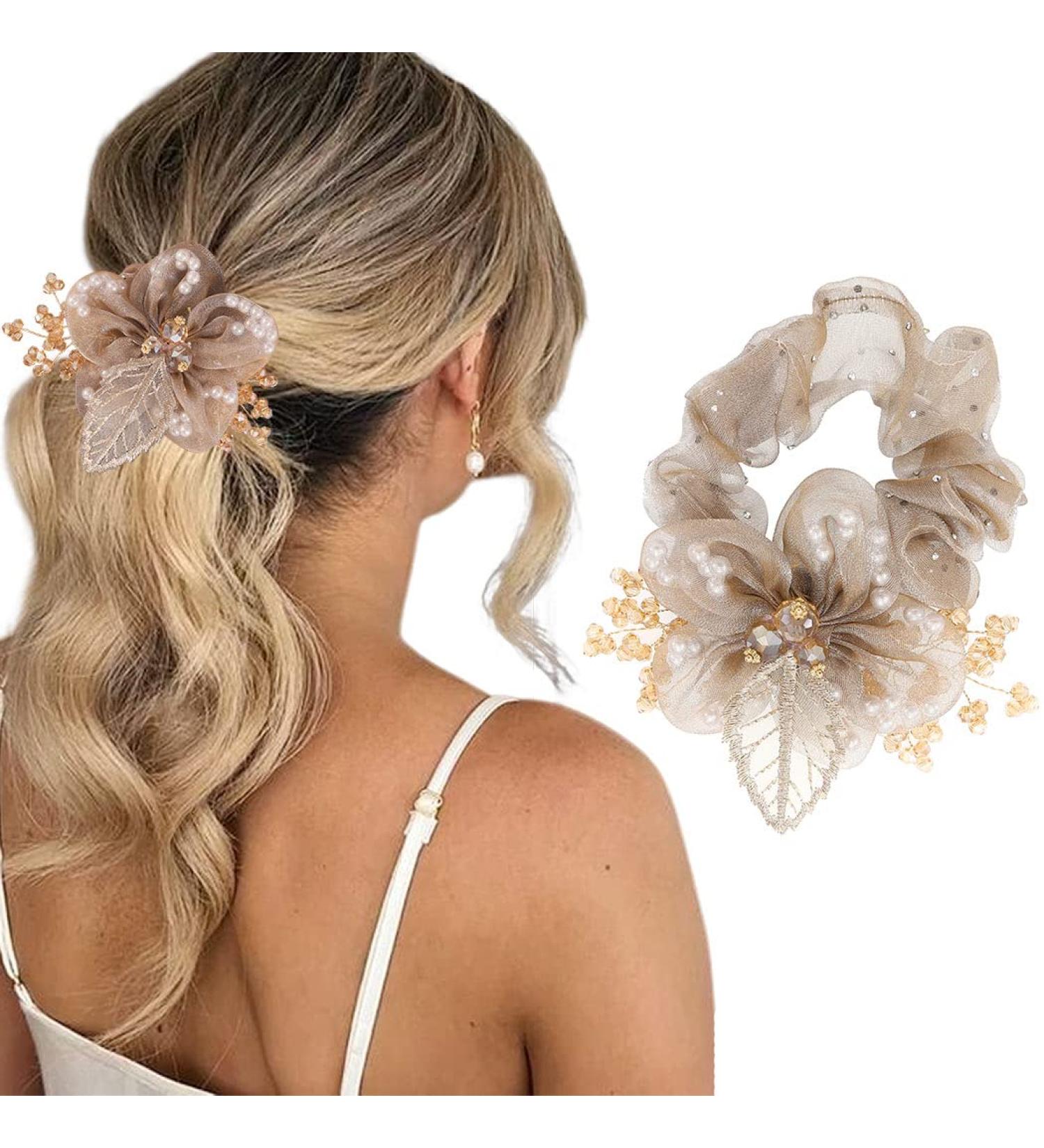 Brinie Flower Hair Scrunchies Pearl Champagne Hair Ties - Elastic Bands for Women and Girls - Buy Online on GoSupps.com