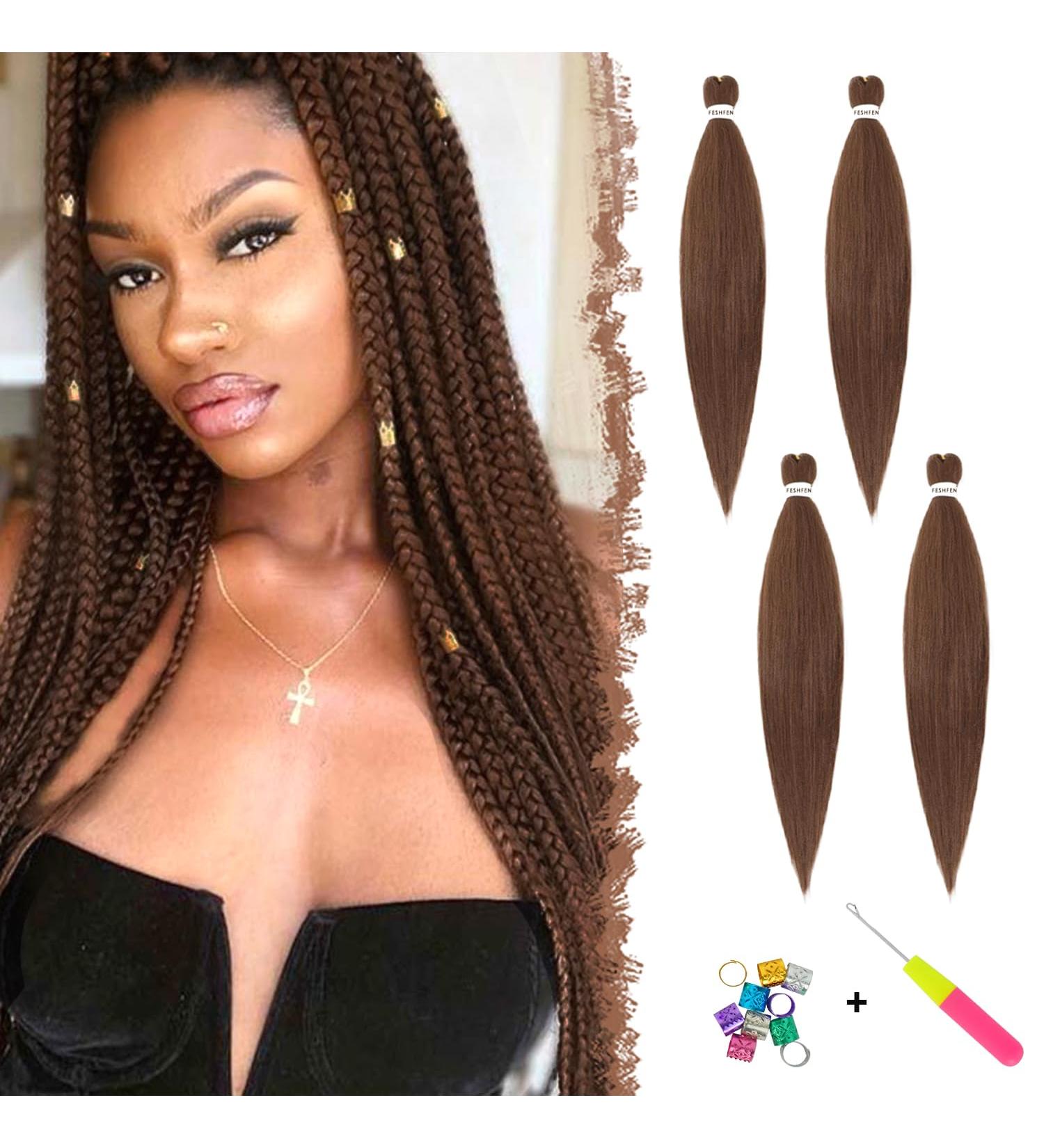 Feshfen Pre-Stretched Braiding Hair Extensions 65cm - 4 Pack Yaki-Texture Synthetic Light Auburn & Hellen Chestnut Brown - Buy Online on GoSupps.com