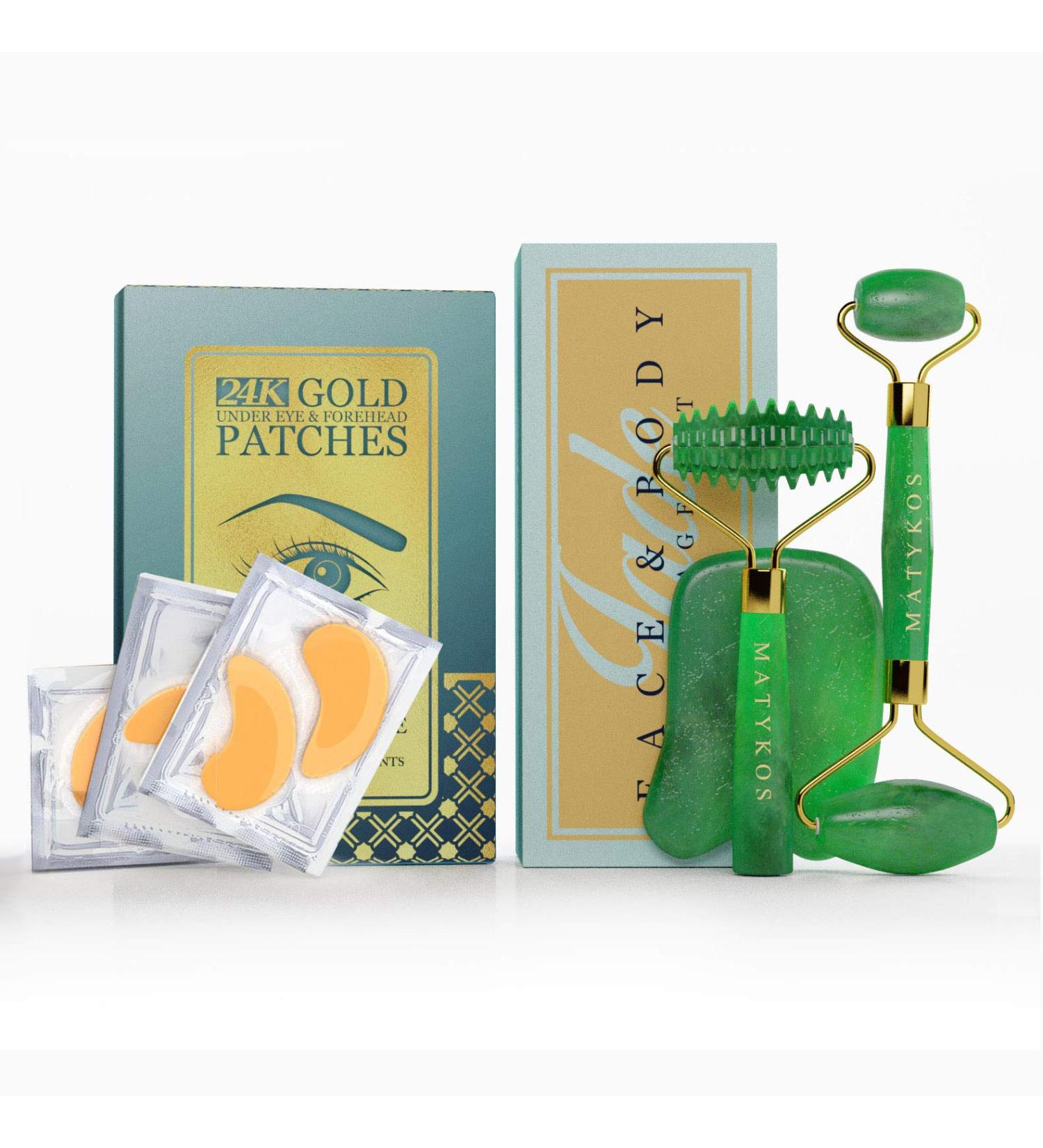 Matykos 3-in-1 Skincare Bundle: Jade Roller, Gua Sha Set, 24K Gold Patches - Buy Online on GoSupps.com