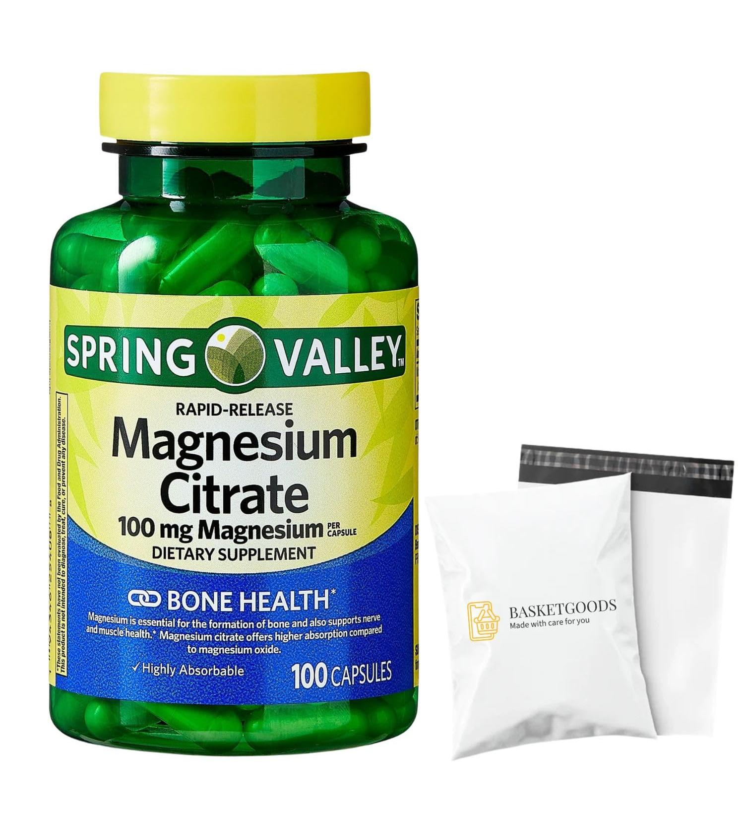 Spring Valley Magnesium Citrate | Citrato de Magnesio 100mg Capsules | Best Magnesium Supplement for Women | Magnesium Pill | 100 mg 100 Capsules - Set by Basket Goods - Buy Online on GoSupps.com