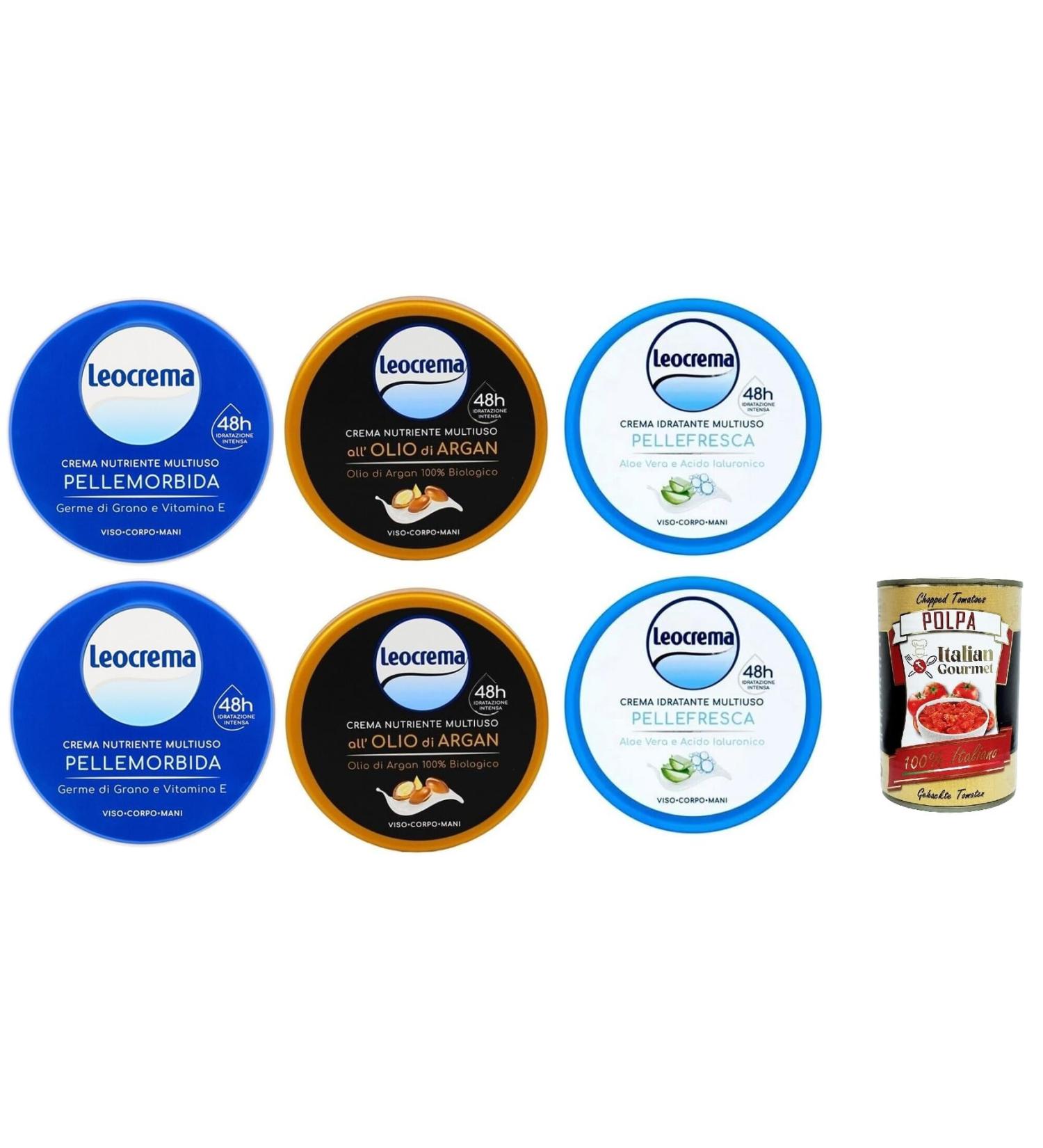 Leocrema Moisturizing Cream Set of 6 - Ideal Care Cream for Face Body and Hands - 6 x 150 ml + Italian Gourmet Polpa 400 g - Buy Online on GoSupps.com