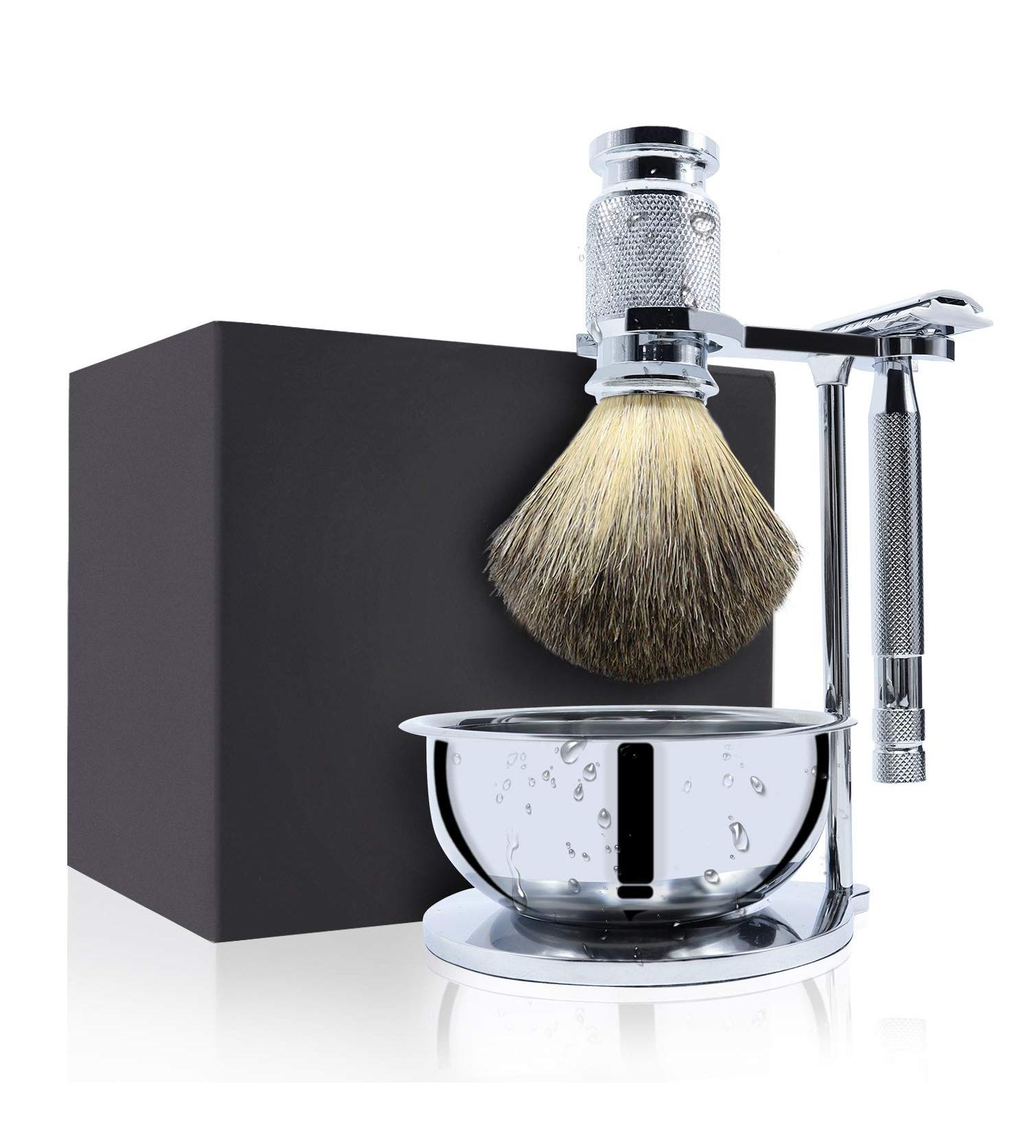 Jolitac Wet Shaving Kit for Men - Complete Grooming Set with Badger Hair Brush Stainless Steel Bowl & Double Edge Safety Razor - Perfect Gift - Buy Online on GoSupps.com