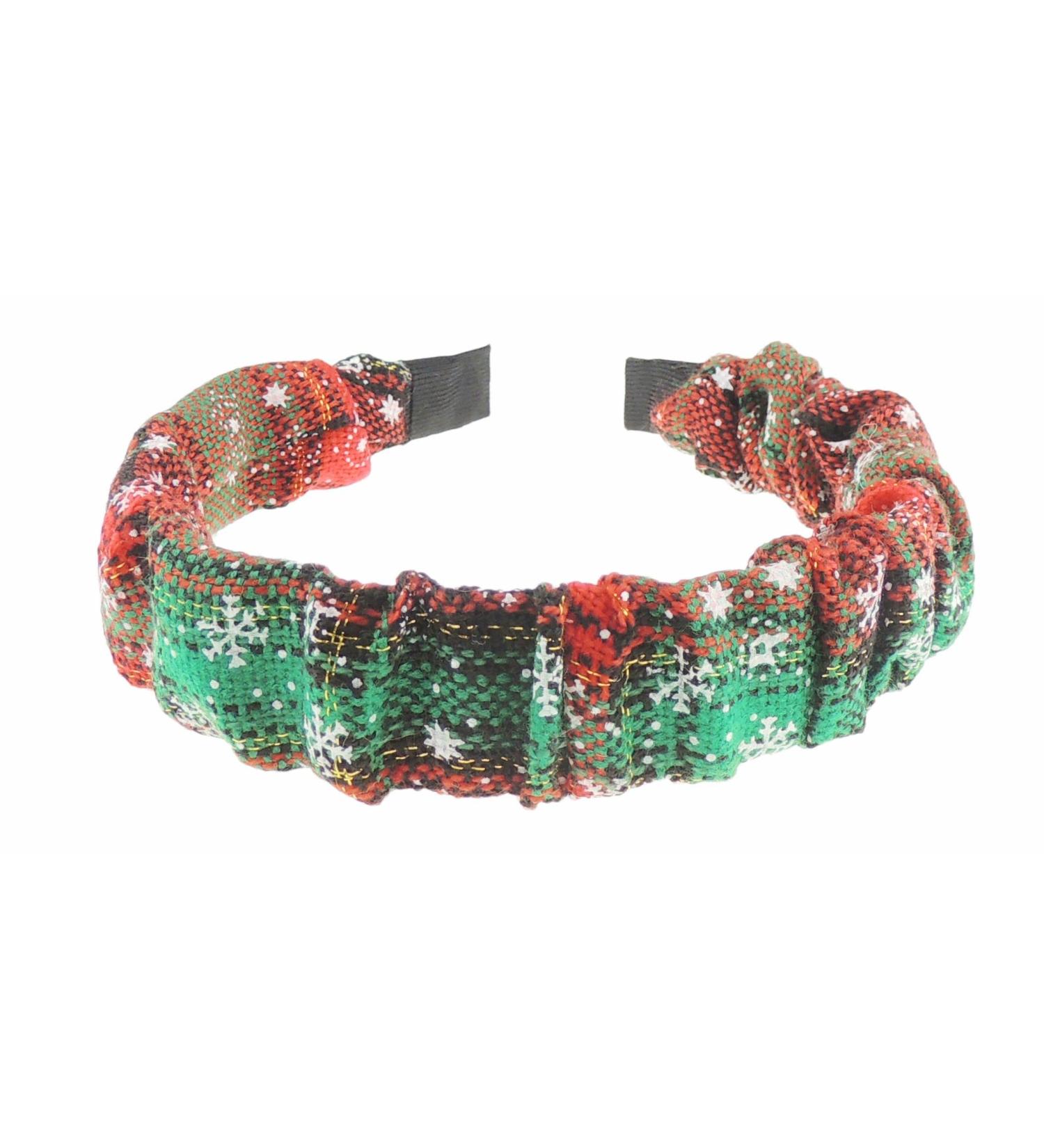 Festive Christmas Xmas Tartan Plaid Tweed Fabric Womens Girls Bow Knotted Top Knot Twist Twisted Turban Winter Deeley Bopper Dance Party Headband Hair Alice Band (Red Green Snowflake Rouched)