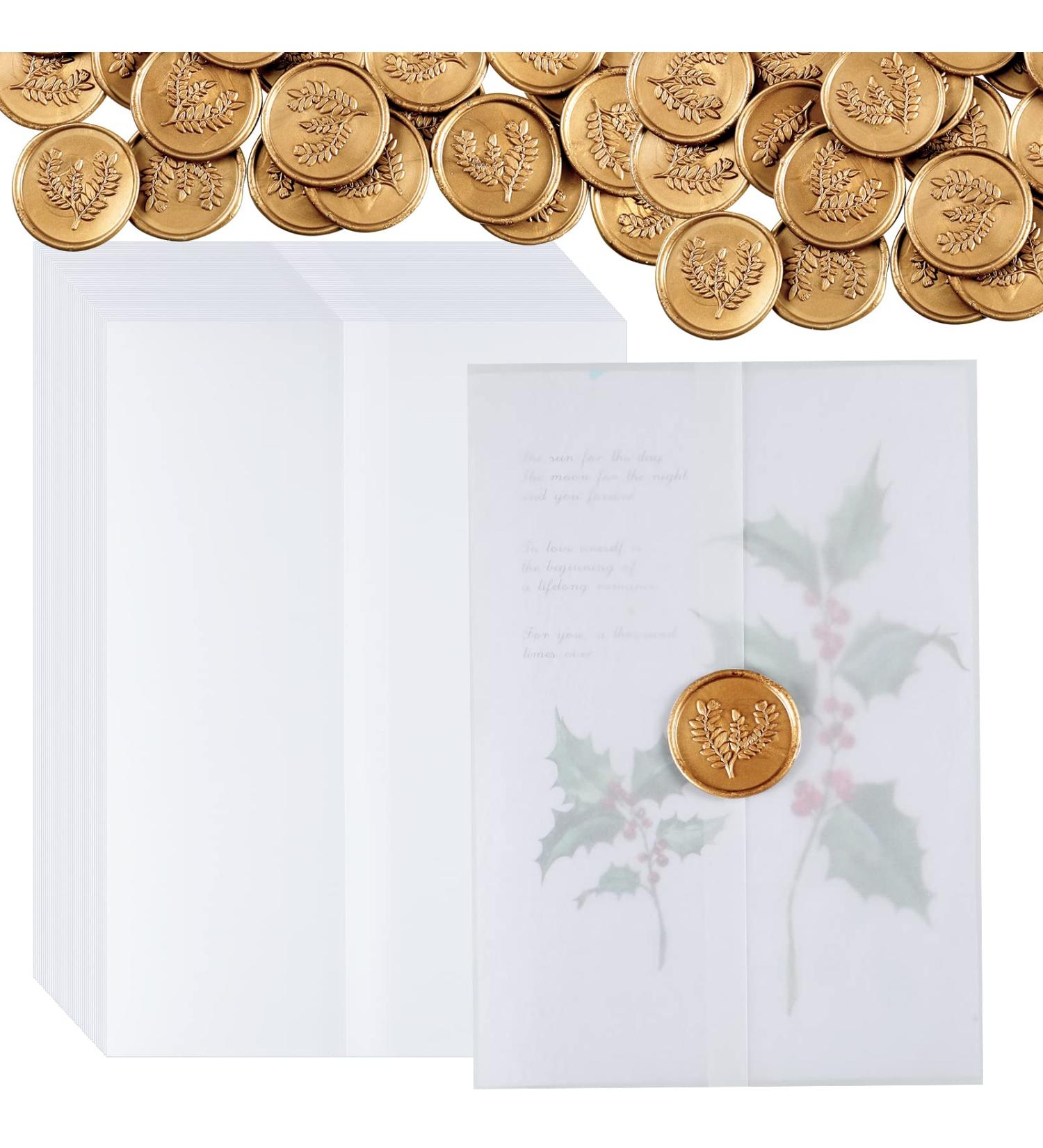 100 pcs Pre-Folded Vellum Jackets Set for 5x7 Invitations with Wax Seal Stickers - Wedding/Birthday/Baby Shower Envelope Seals - Buy Online on GoSupps.com