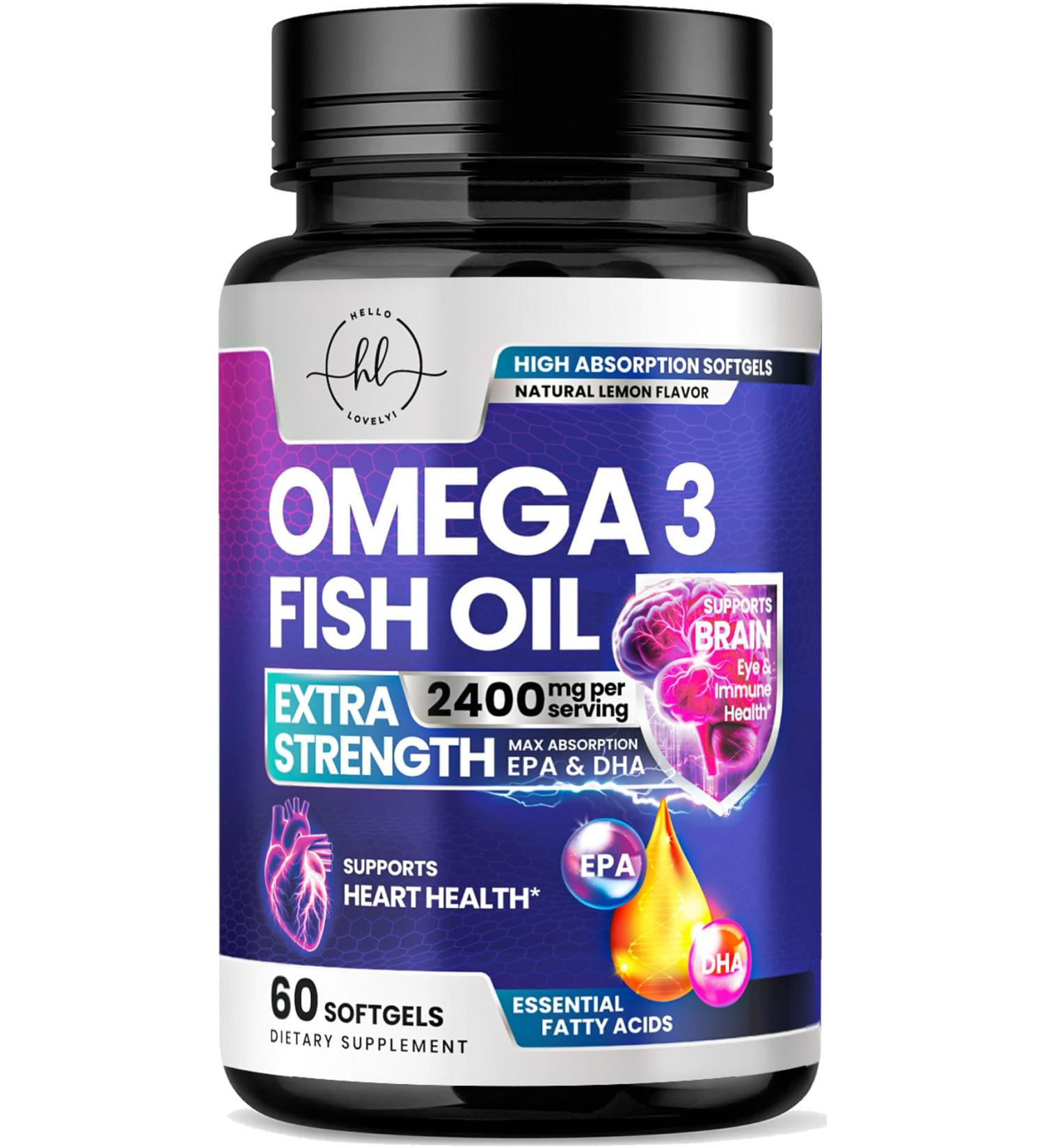 Omega 3 Fish Oil Supplements 2400mg - Triple Strength Omega 3 Fatty Acids Natural Heart Health Brain & Joint Support - Fatty Acids with EPA & DHA - Wild Caught Fish Oil Supplement - 60 Softgels 60 Count (Pack of 1) - Buy Online on GoSupps.com