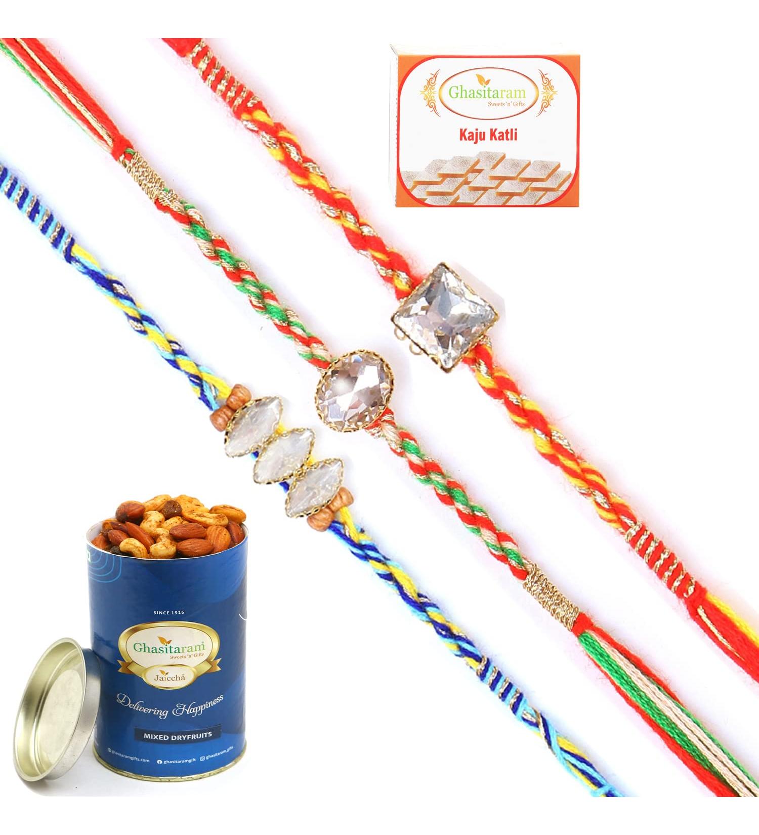 Ghasitaram Gifts Rakhi for Brother Rakhis Online - Set of 3 6300 6371 6400 Fancy Rakhis with 100 GMS of Dryfruits Mix Can 200 GMS of Kaju katli - Buy Online on GoSupps.com