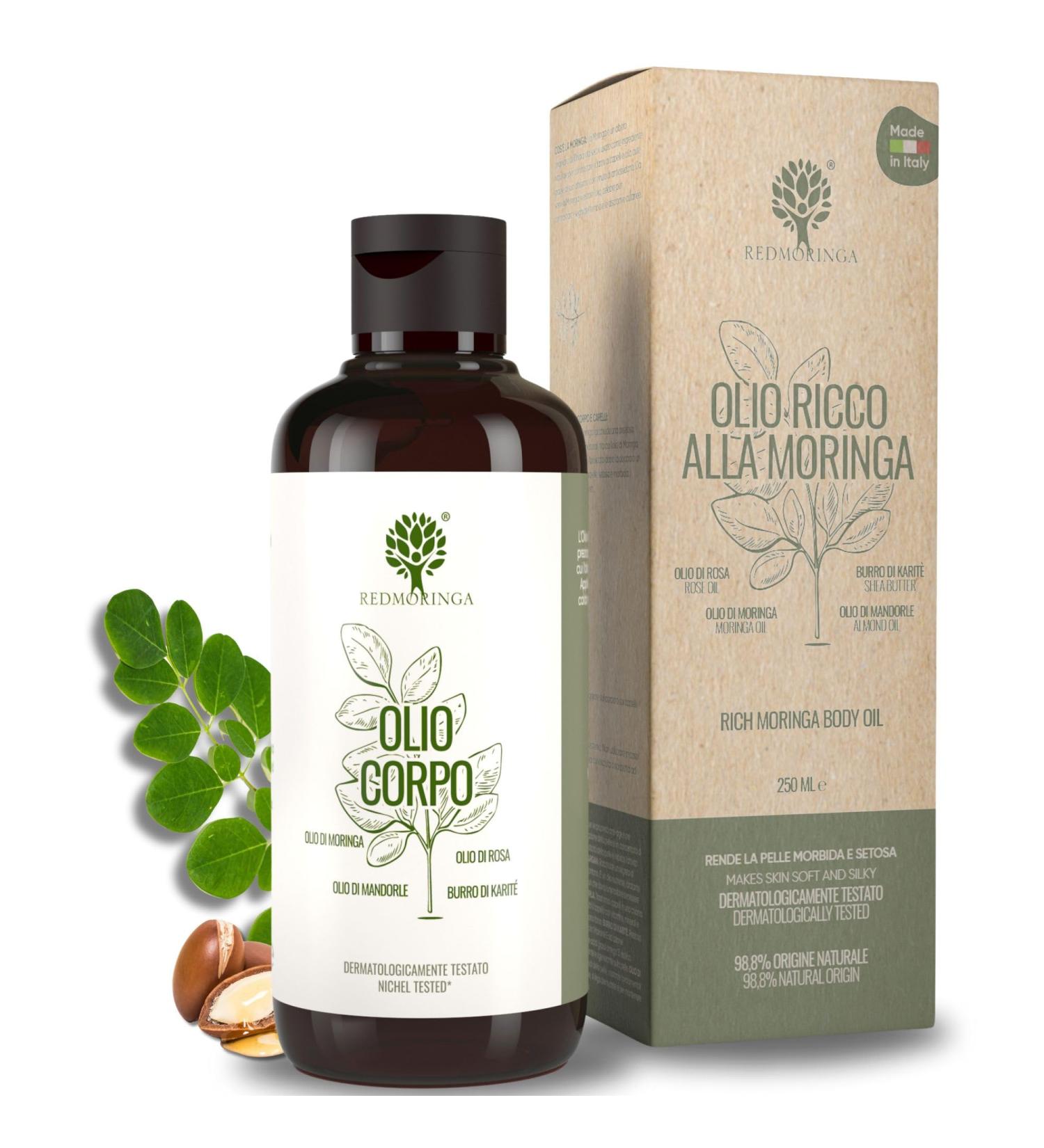 RedMoringa Anti-Cellulite Massage Oil - Body and Hair - 100% Natural - With Moringa Jojoba Rose Shea Butter - Makes Skin Velluted - 250 ml - Made in Italy - Buy Online on GoSupps.com