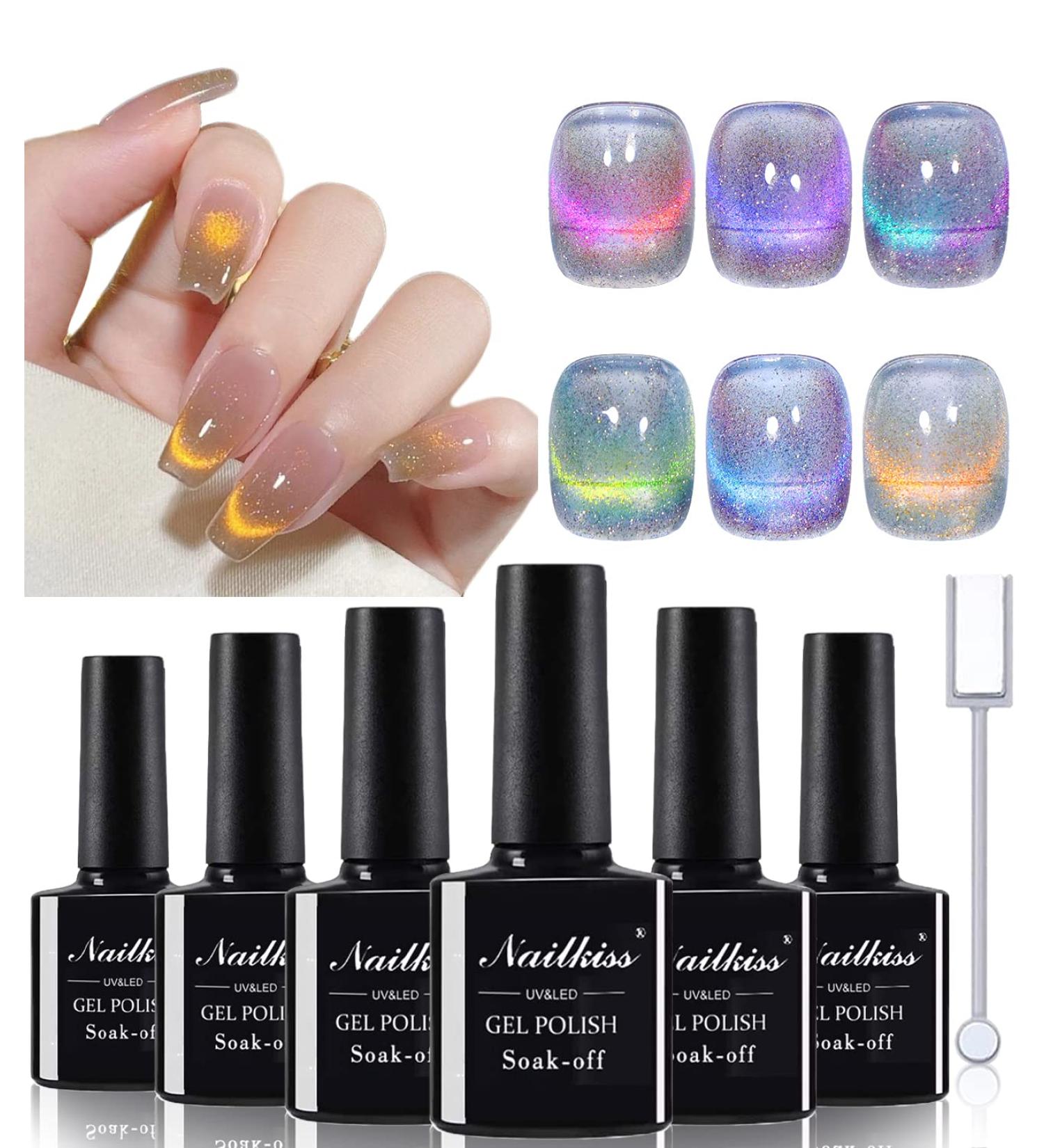 NAILKISS Crystal 9D Cat Eye Magnetic Gel Nail Polish - Glitter Shiny Transparent Soak Off UV LED Varnish, 6 Colors - Buy Online on GoSupps.com