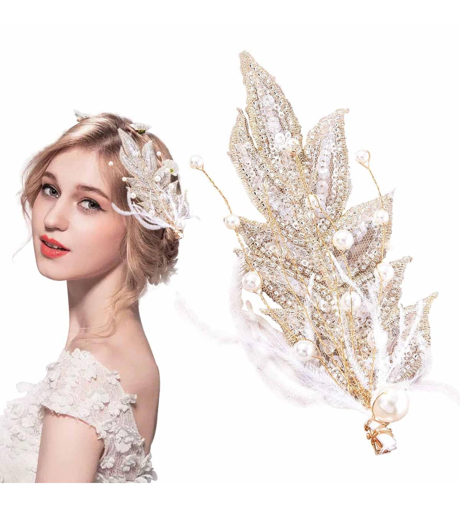 Bridal Wedding Headband Hair Vine Headdress Pearl Feather Hair Piece Hair Pin Wedding Hair Accessories for Bride Hair Clips for Prom Party - Buy Online on GoSupps.com