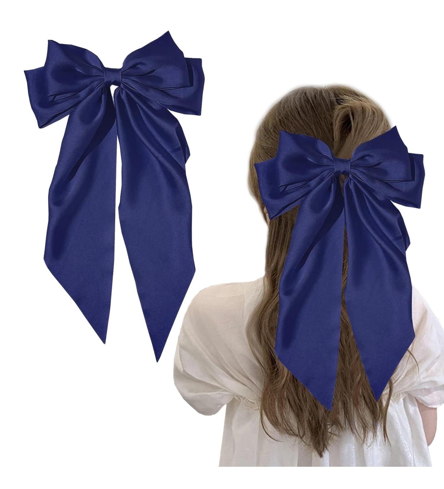 Blue Hair Bow Big Hair Bows for Women Solid Color Bow Hair Clips with Long Ribbon French Blue Bow Hair Clip Soft Satin Silky Hair Bows Cute Gifts for Women Girls (Navy Blue) - Buy Online on GoSupps.com